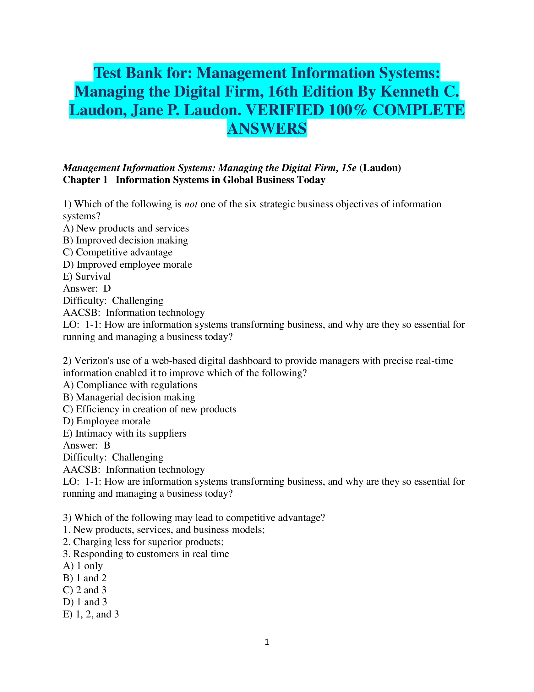 Test Bank for: Management Information Systems:  Managing the Digital Firm, 16th Edition By Kenneth C.  Laudon, Jane P. Laudon. VERIFIED COMPLETE  ANSWERS