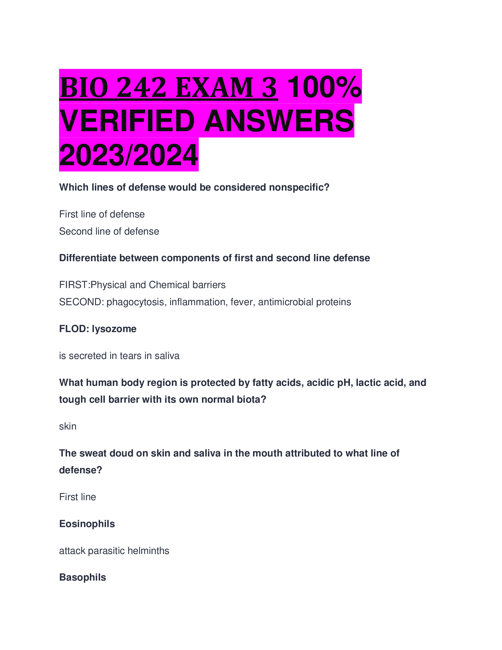 BIO 242 EXAM 3 VERIFIED ANSWERS  2023,2024