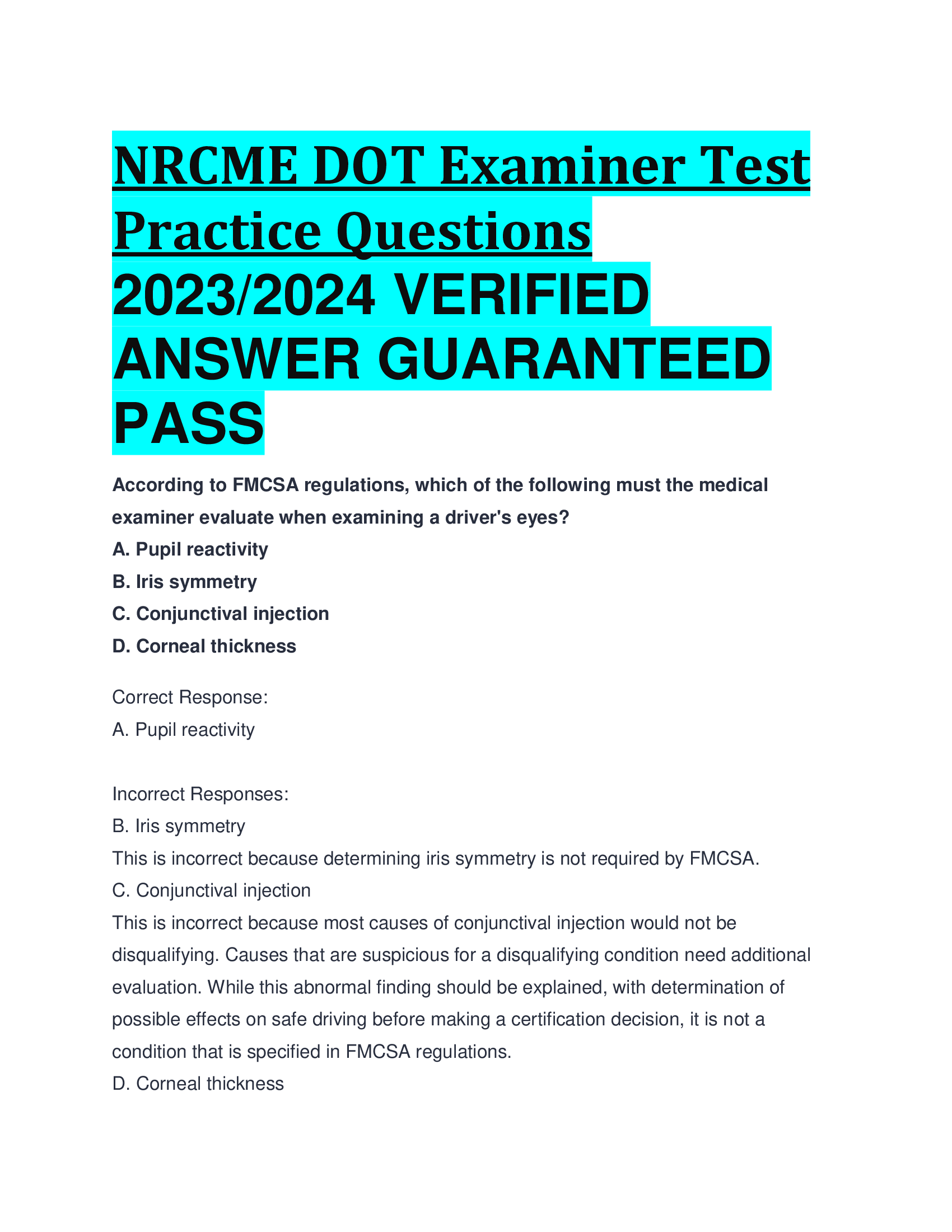 NRCME DOT Examiner Test Practice Questions 2023,2024 VERIFIED  ANSWER GUARANTEED  PASS