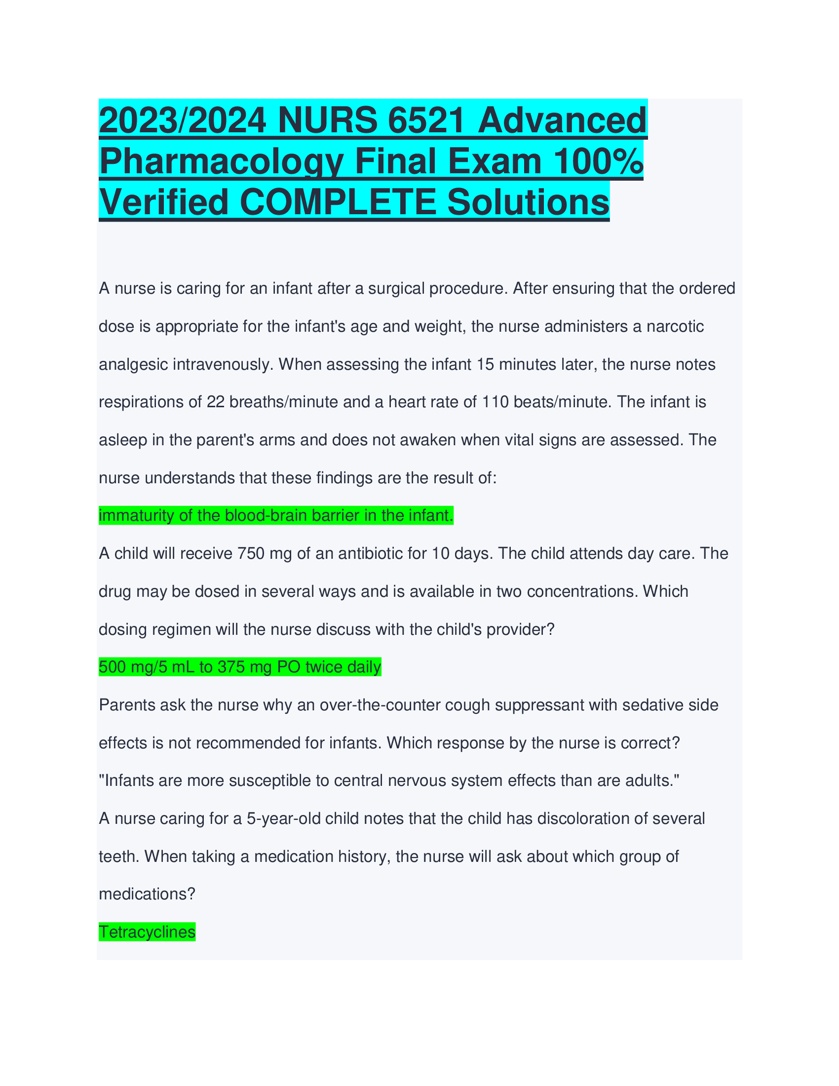 2023, 2024 NURS 6521 Advanced  Pharmacology Final Exam Verified COMPLETE Solutions