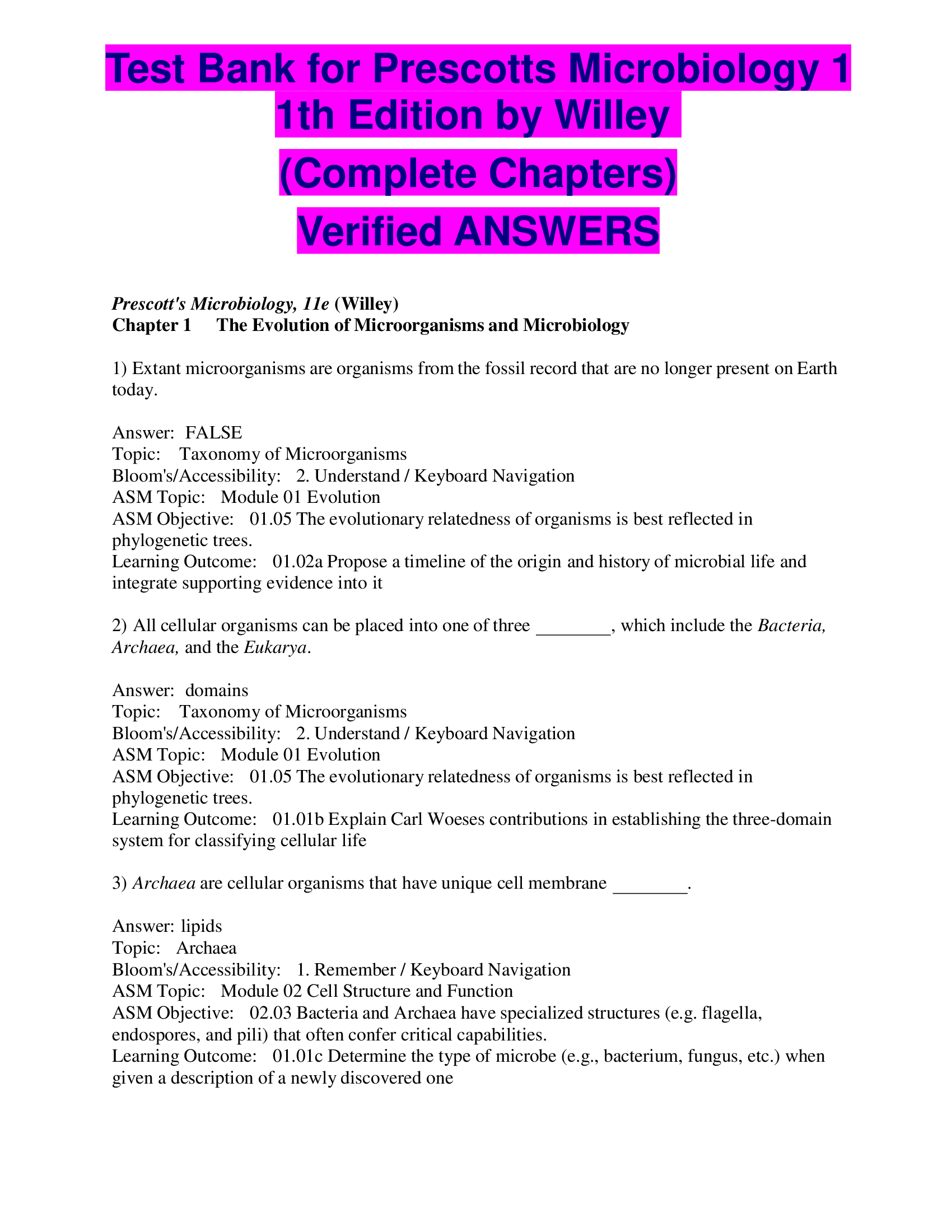 Test Bank for Prescotts Microbiology 1 1th Edition by Willey (Complete Chapters) Verified ANSWERS
