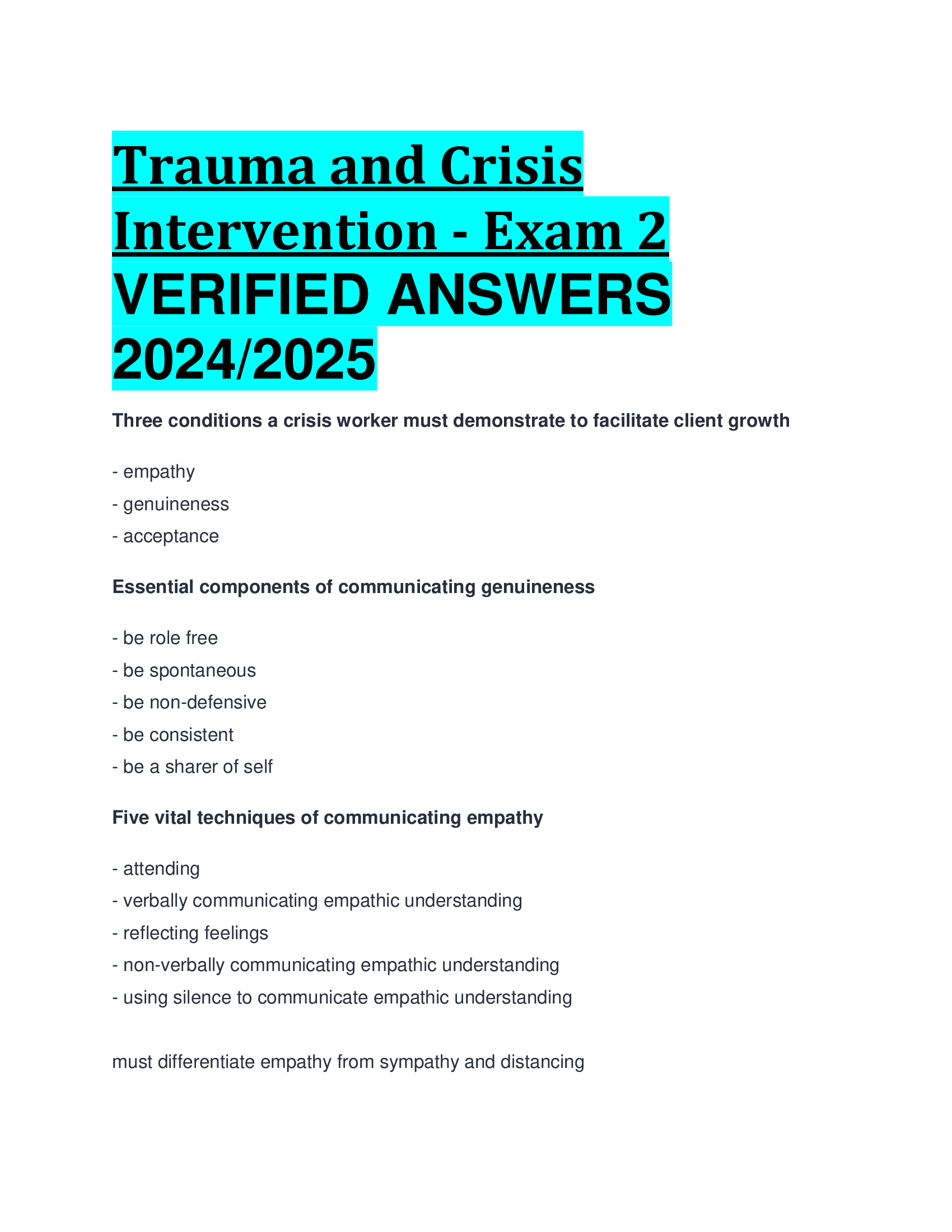 Trauma and Crisis Intervention - Exam 2 VERIFIED ANSWERS  2024,2026