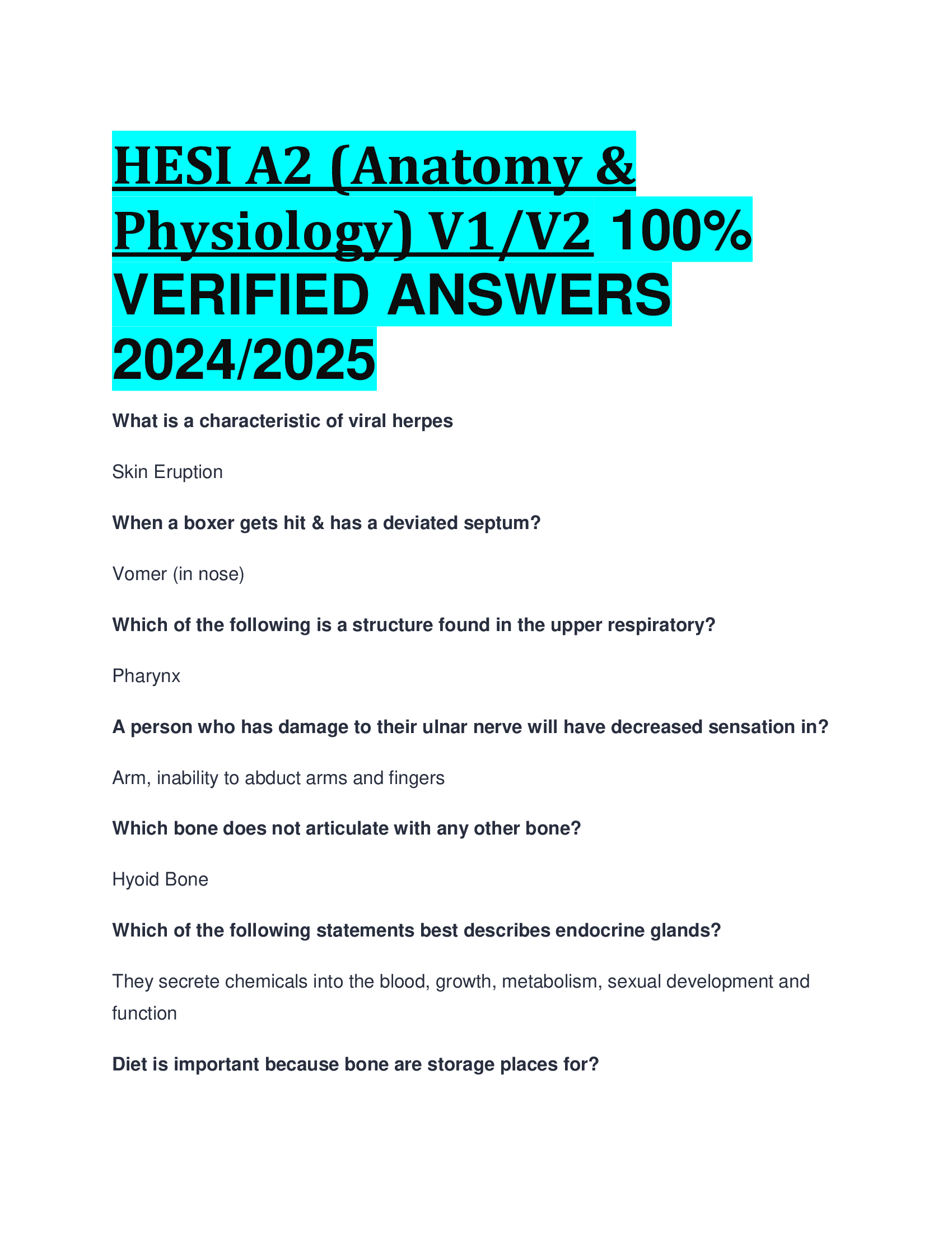 HESI A2 (Anatomy & Physiology) V1/V2  VERIFIED ANSWERS  20242026