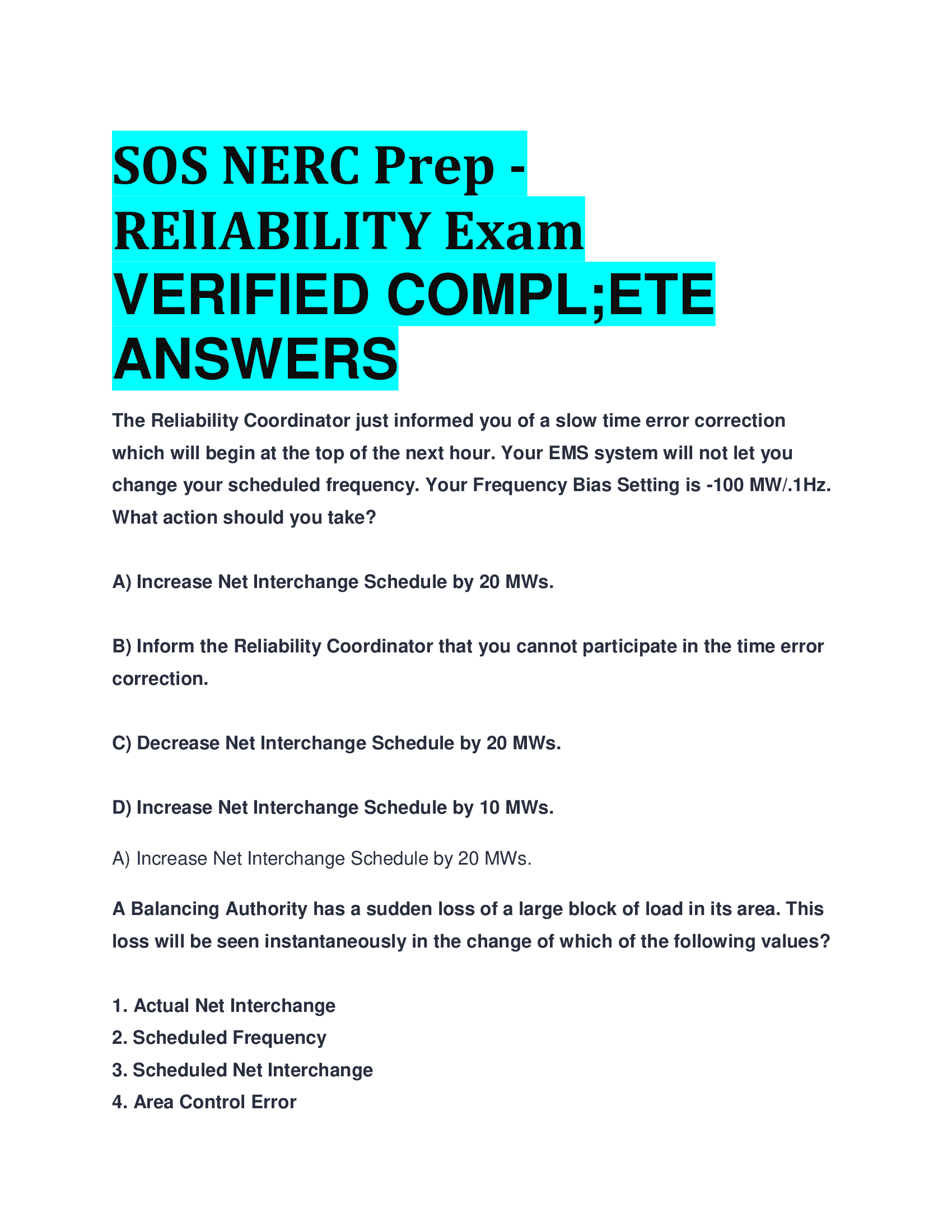 SOS NERC Prep - RElIABILITY Exam VERIFIED COMPL;ETE  ANSWERS