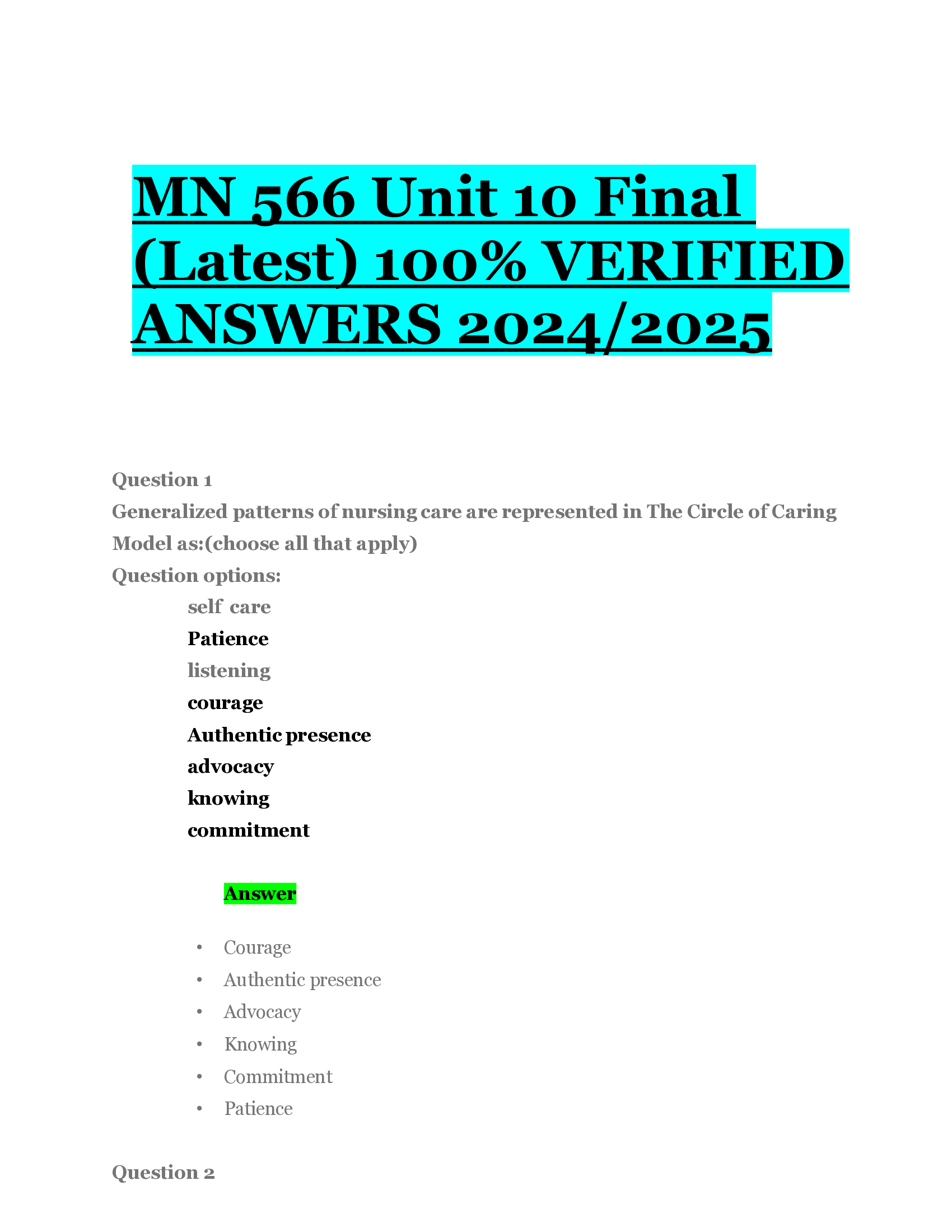 MN 566 Unit 10 Final Latest VERIFIED  ANSWERS 20242026