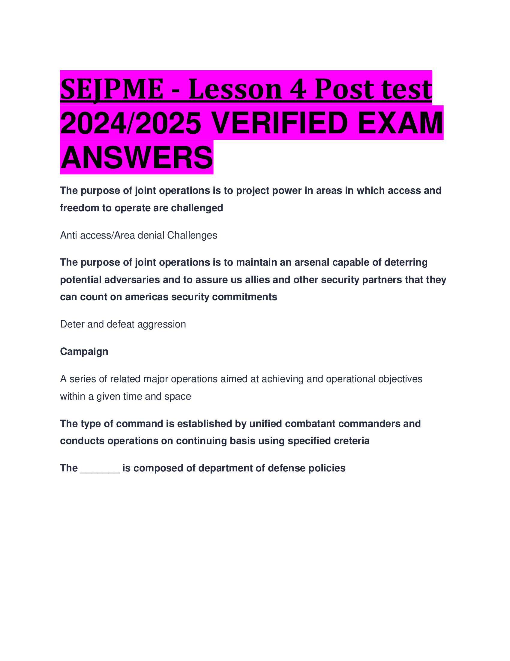 BEST ANSWERS SEJPME - Lesson 4 Post test 2024, 2026 VERIFIED EXAM  ANSWERS