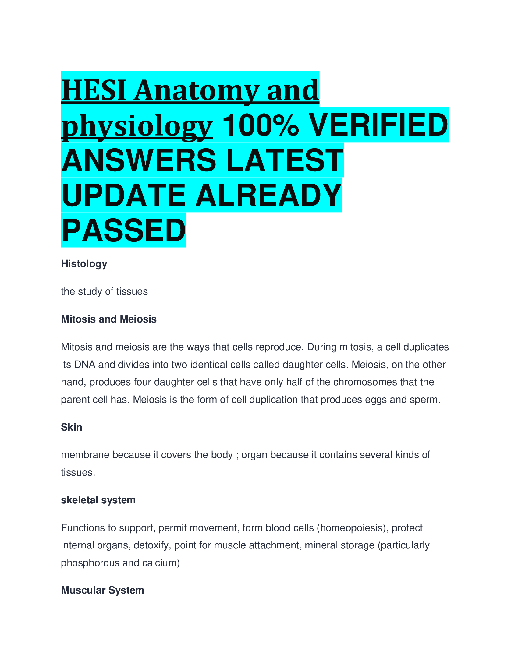 HESI Anatomy and physiology VERIFIED  ANSWERS LATEST  UPDATE ALREADY  PASSED