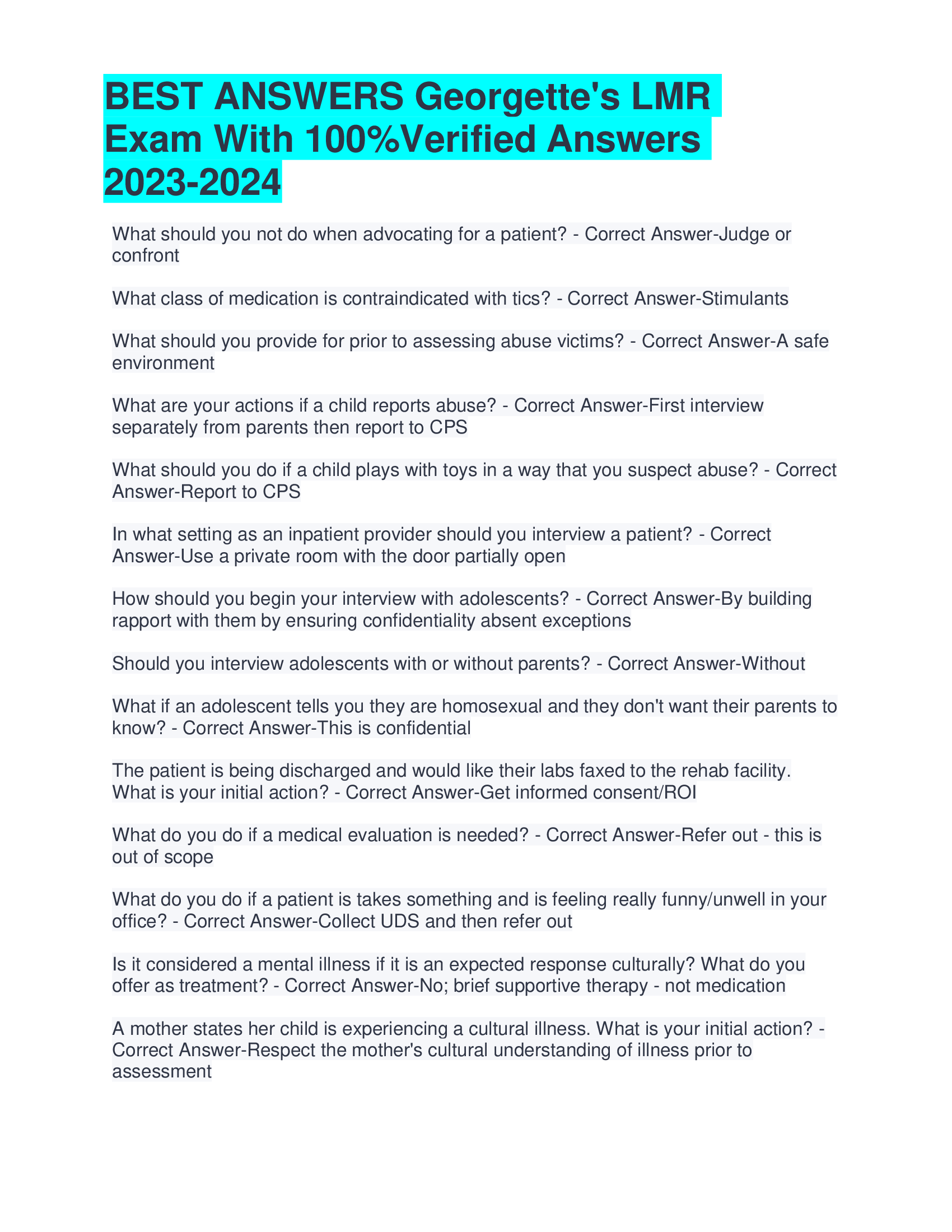 BEST ANSWERS Georgettes LMR Exam With Verified Answers 2023-2024