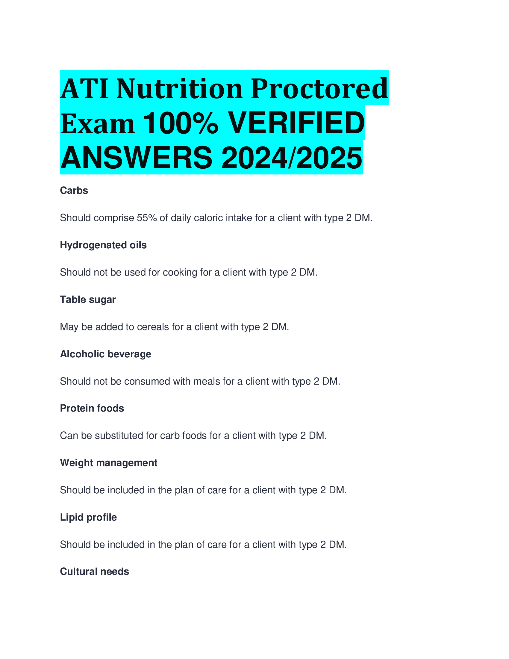 ATI Nutrition Proctored Exam VERIFIED  ANSWERS 20242026