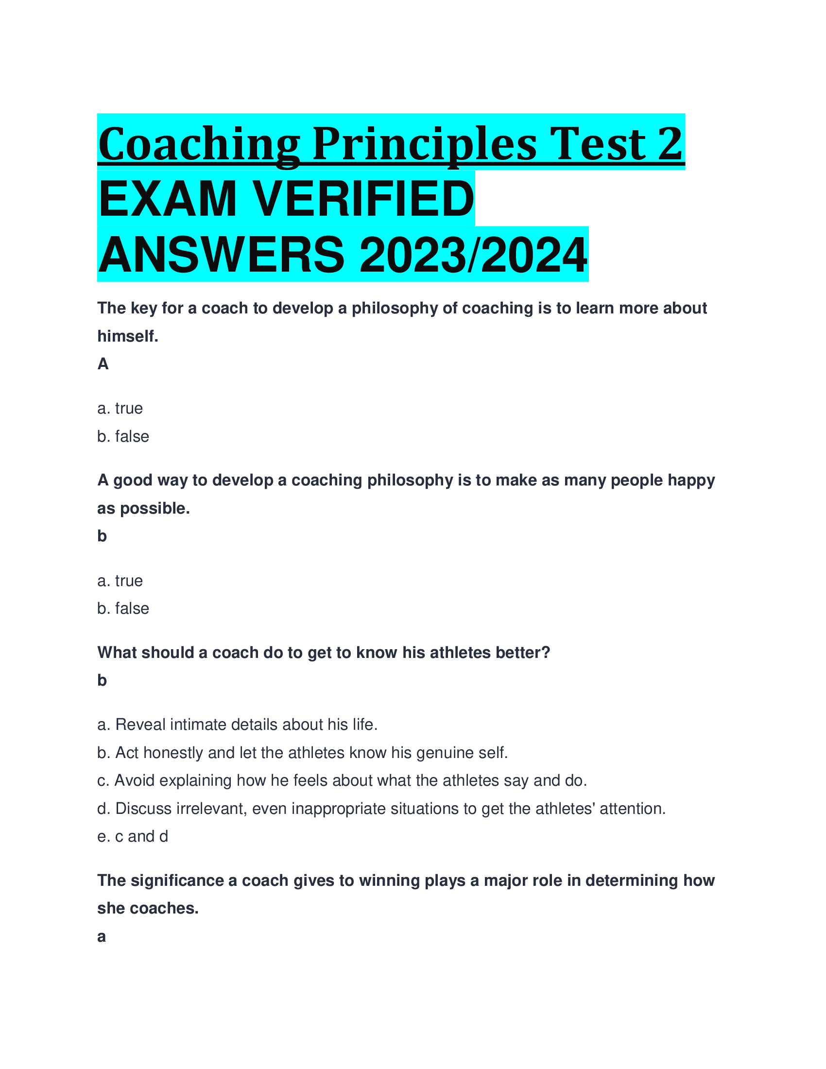 Coaching Principles Test 2 EXAM VERIFIED  ANSWERS 2023,2024