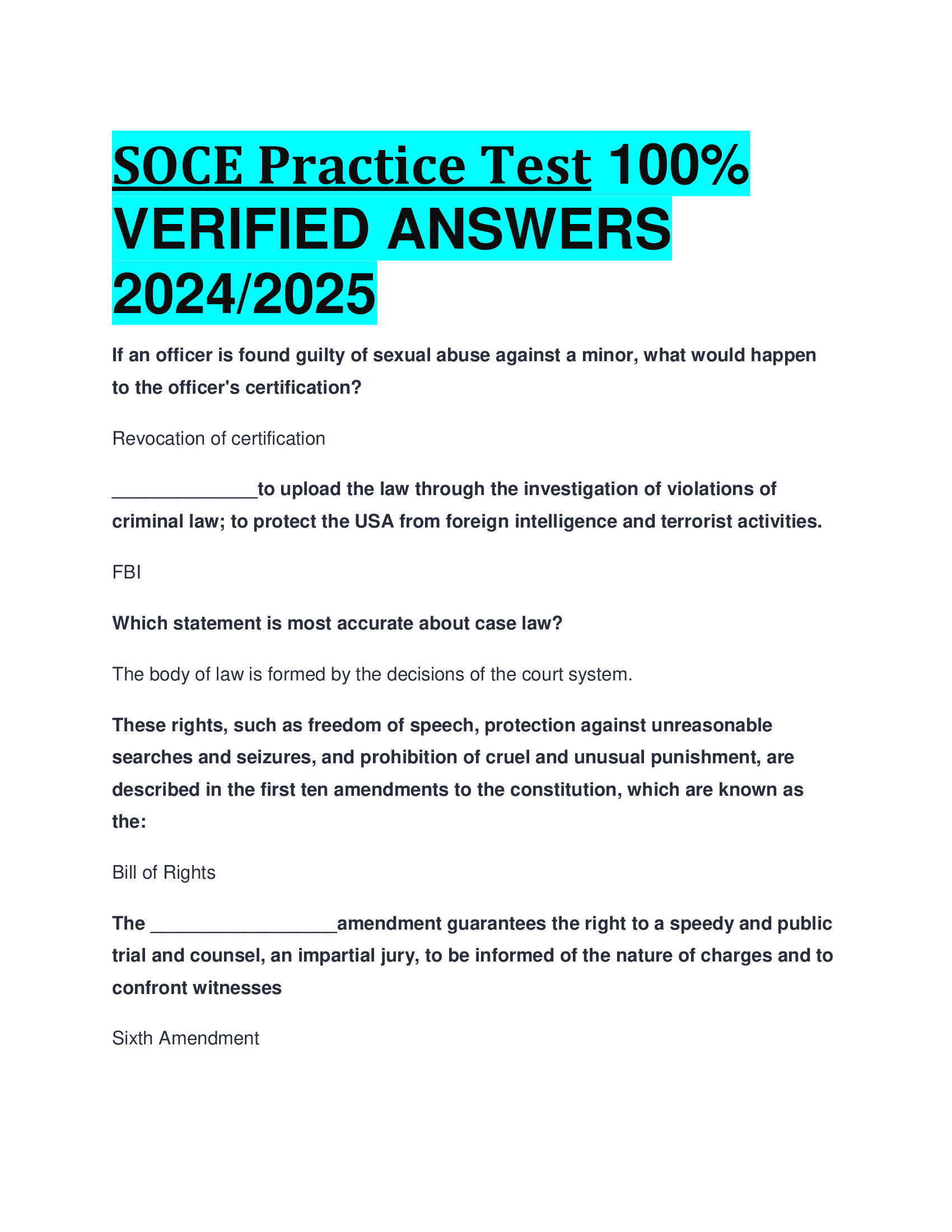 SOCE Practice Test VERIFIED ANSWERS  20242026