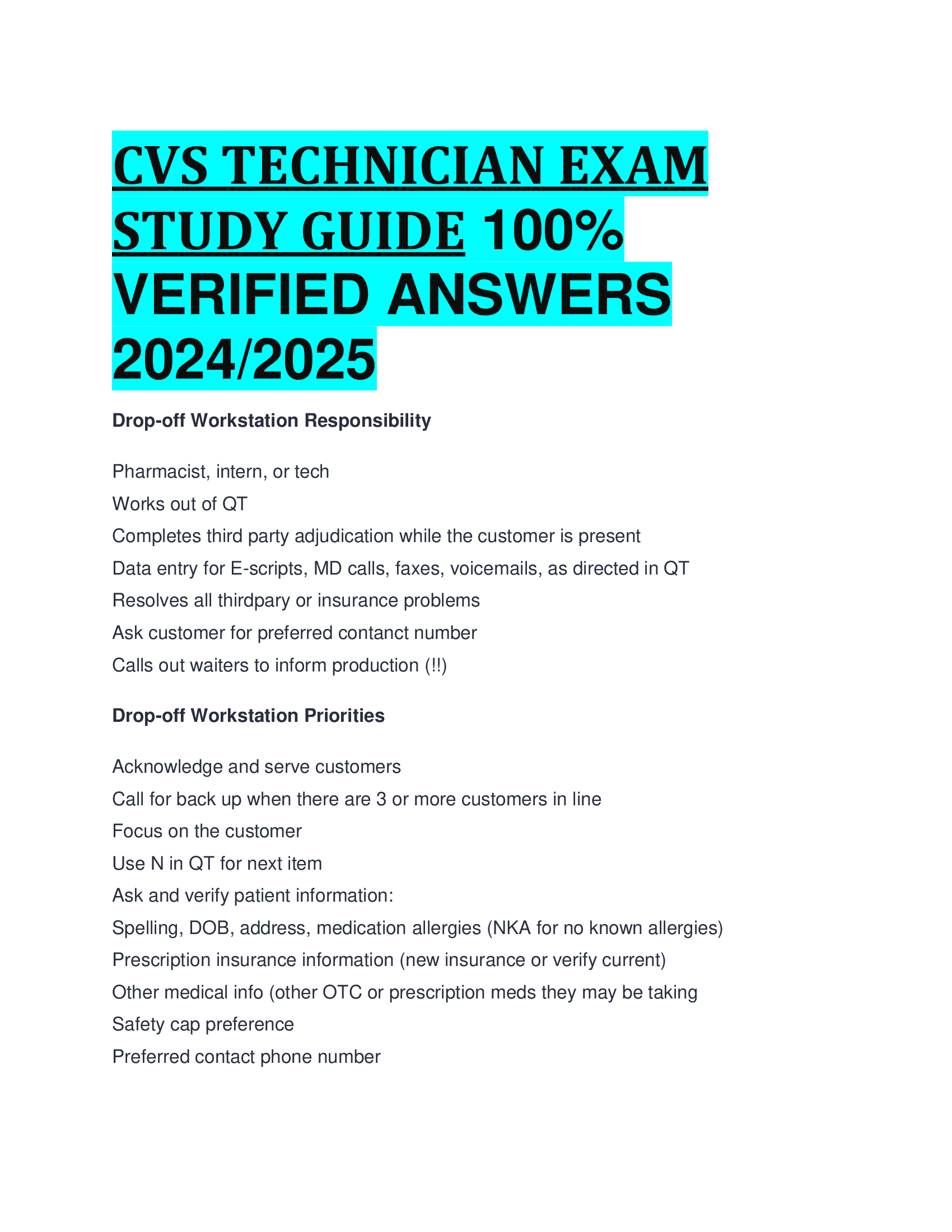 CVS TECHNICIAN EXAM STUDY GUIDE VERIFIED ANSWERS  20242026