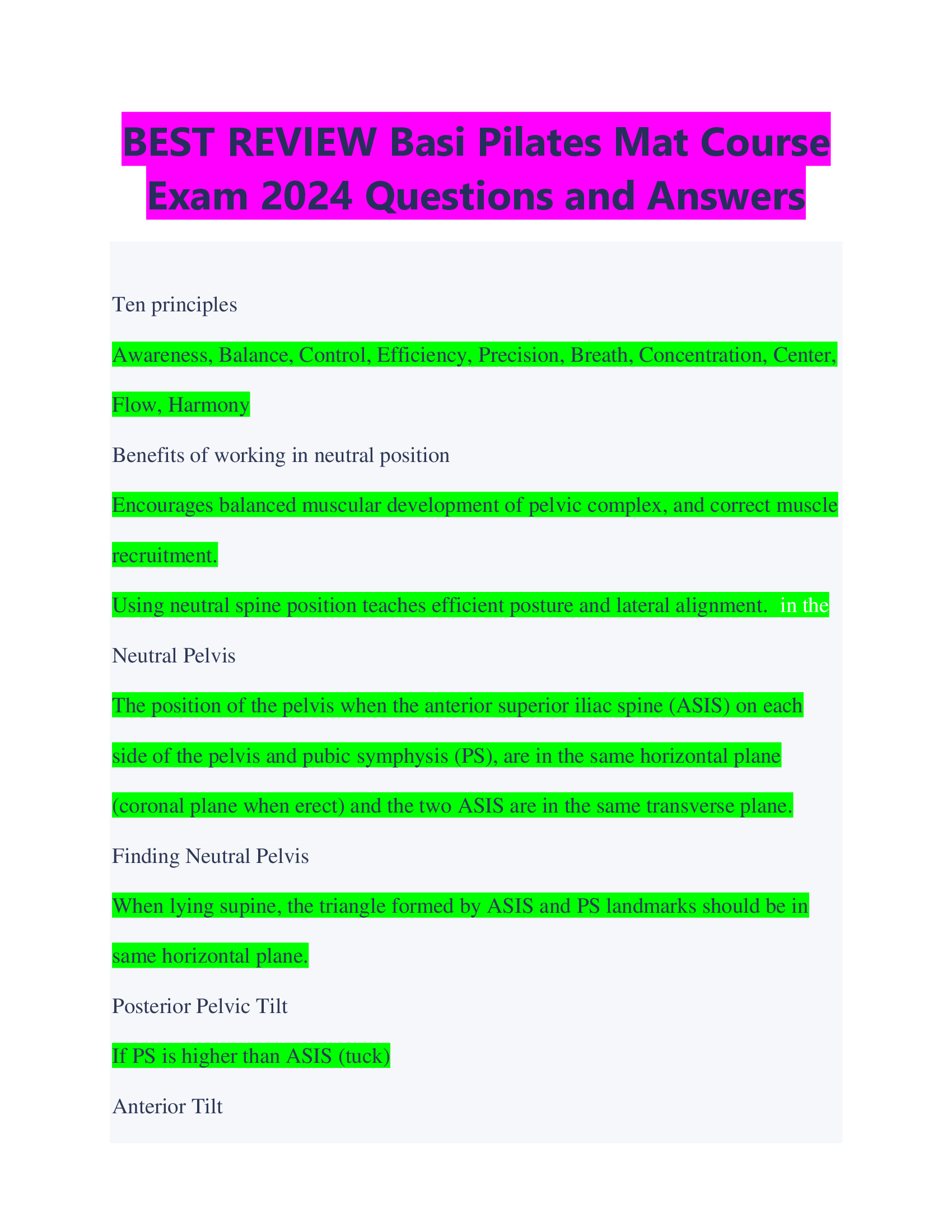 BEST REVIEW Basi Pilates Mat Course  Exam 2024 Questions and Answers