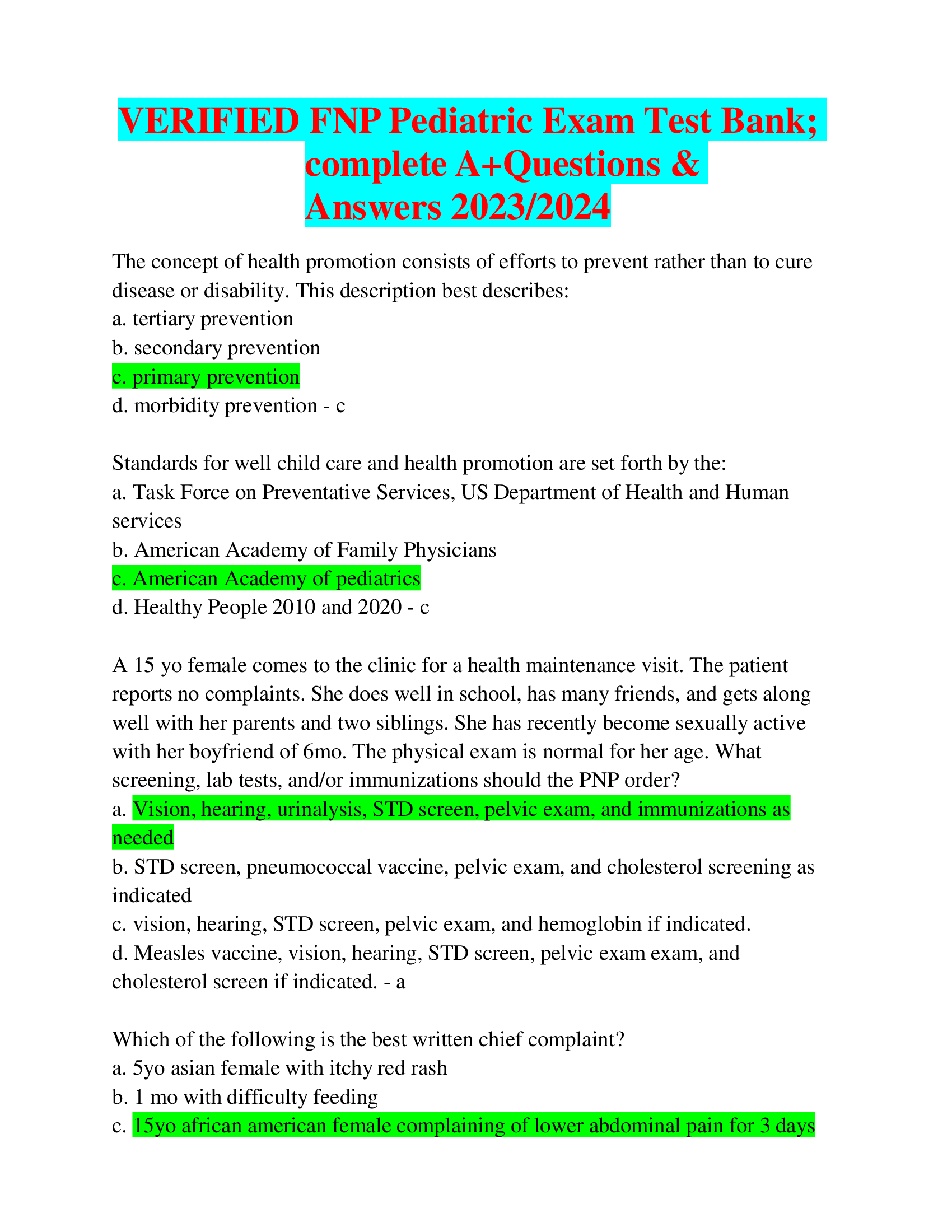 VERIFIED FNP Pediatric Exam Test Bank; complete A Questions & Answers 2023,2024