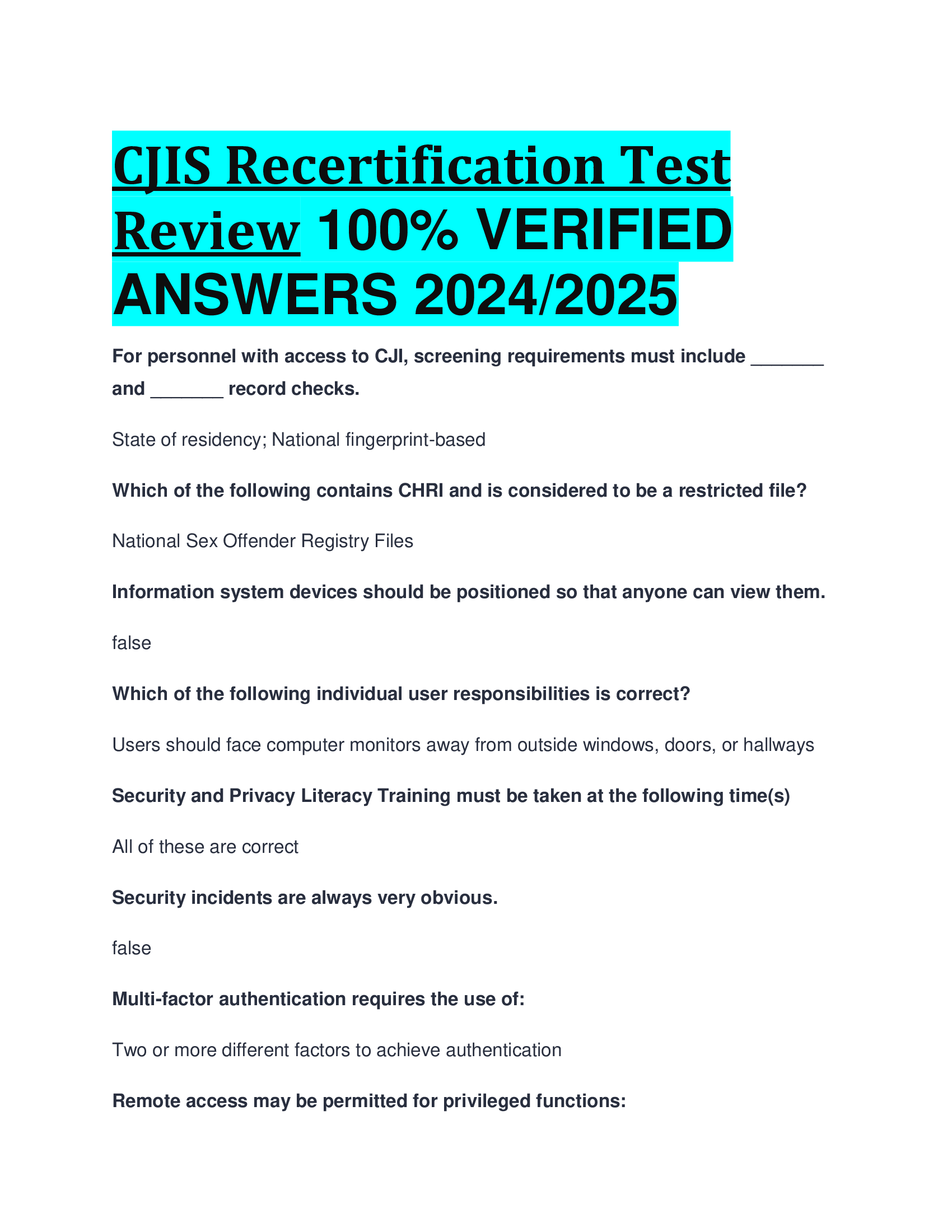 BEST ANSWERS FOR CJIS Recertification Test Review VERIFIED  ANSWERS 2024, 2026