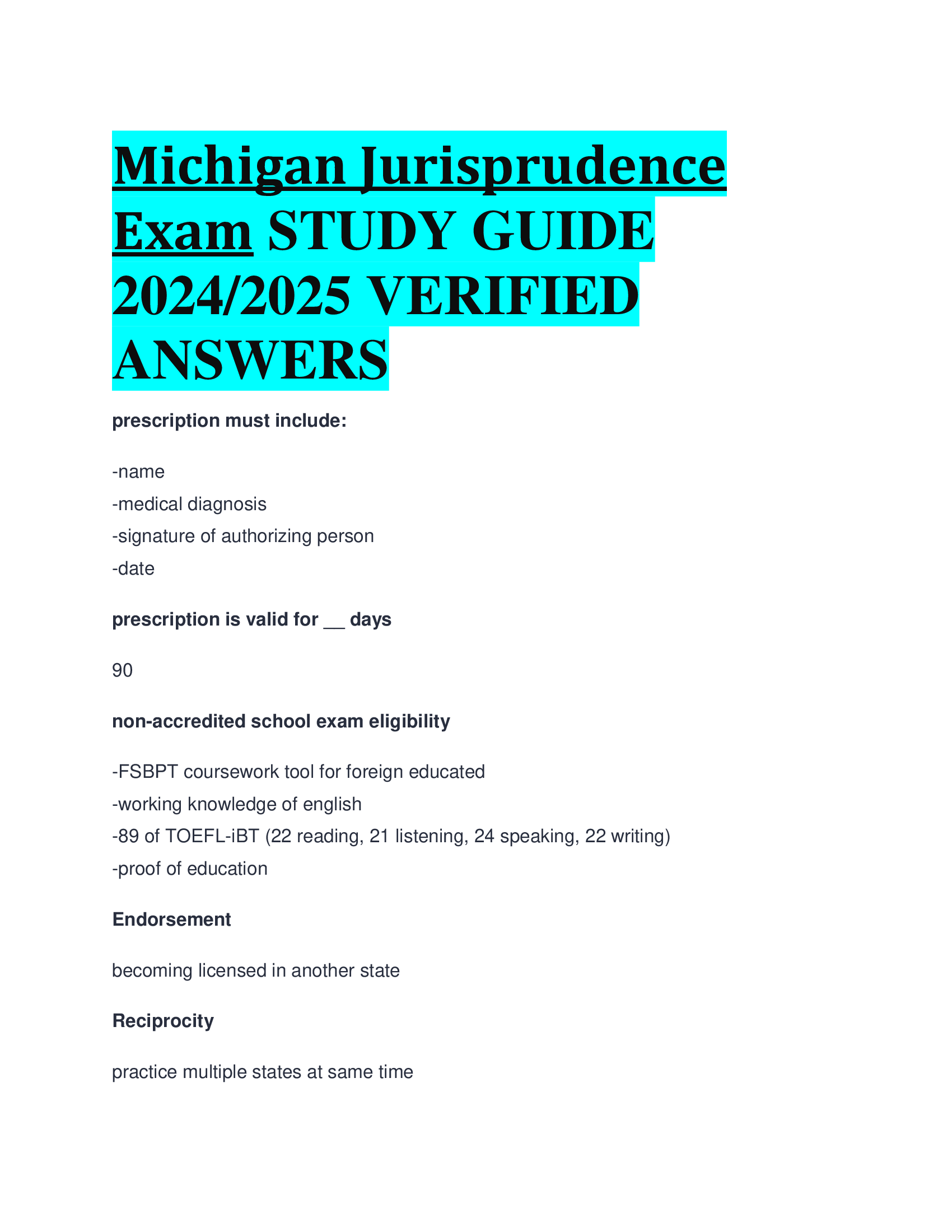 Michigan Jurisprudence Exam STUDY GUIDE  20242026 VERIFIED  ANSWERS