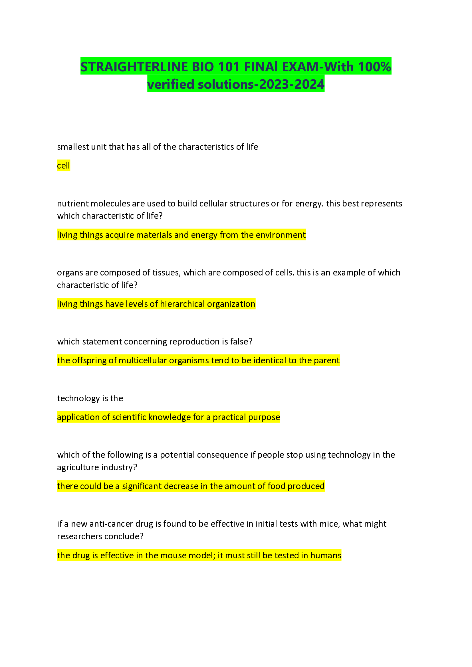 STRAIGHTERLINE BIO 101 FINAl EXAM
