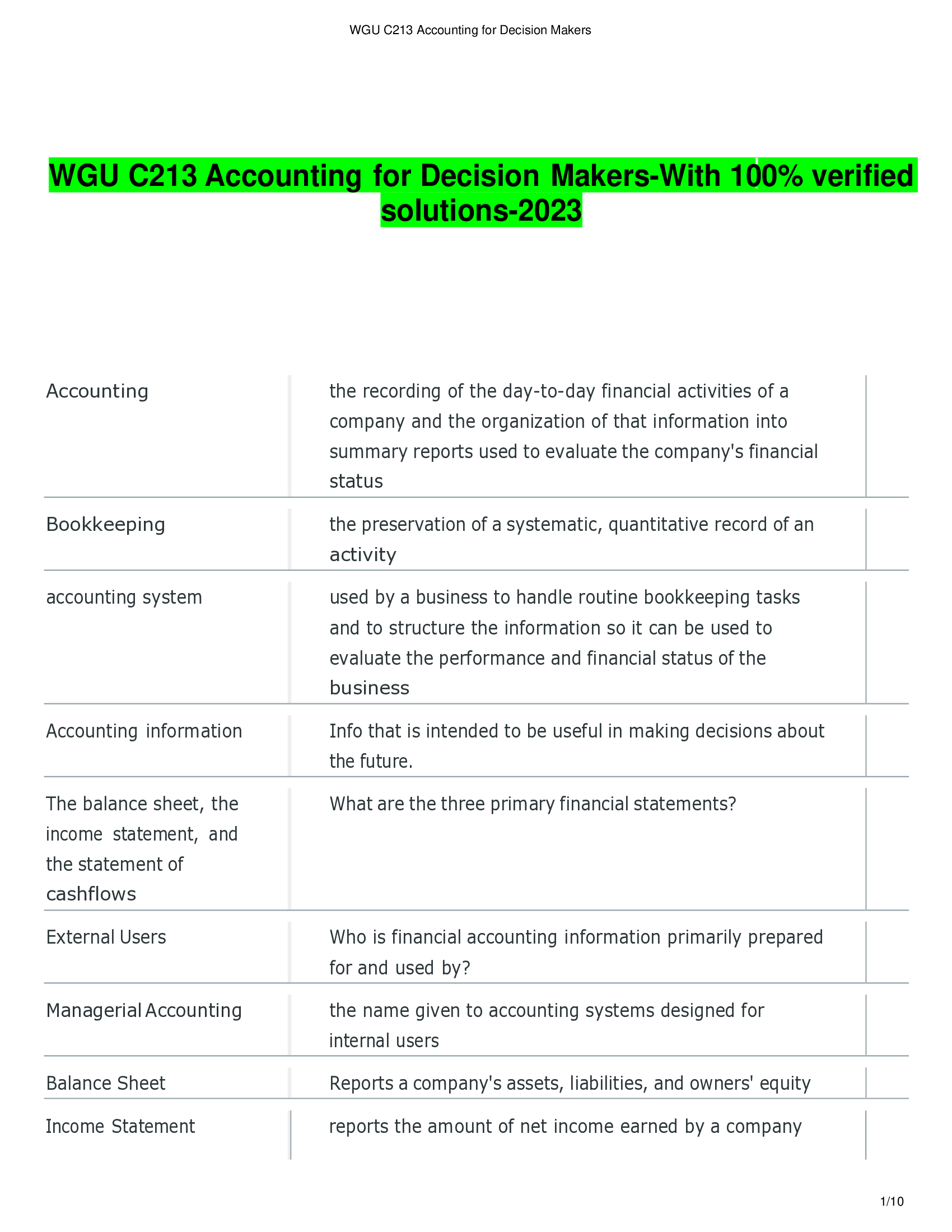 WGU C213 Accounting for Decision Makers