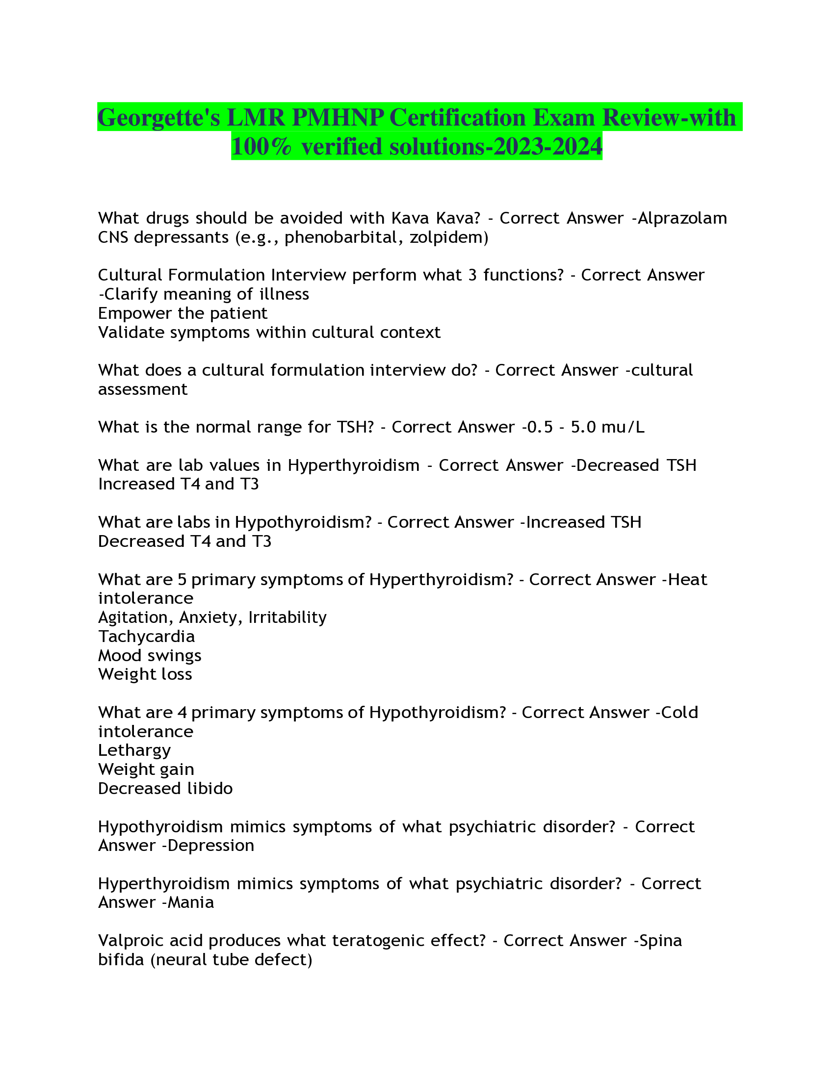 Georgettes LMR PMHNP Certification Exam Review