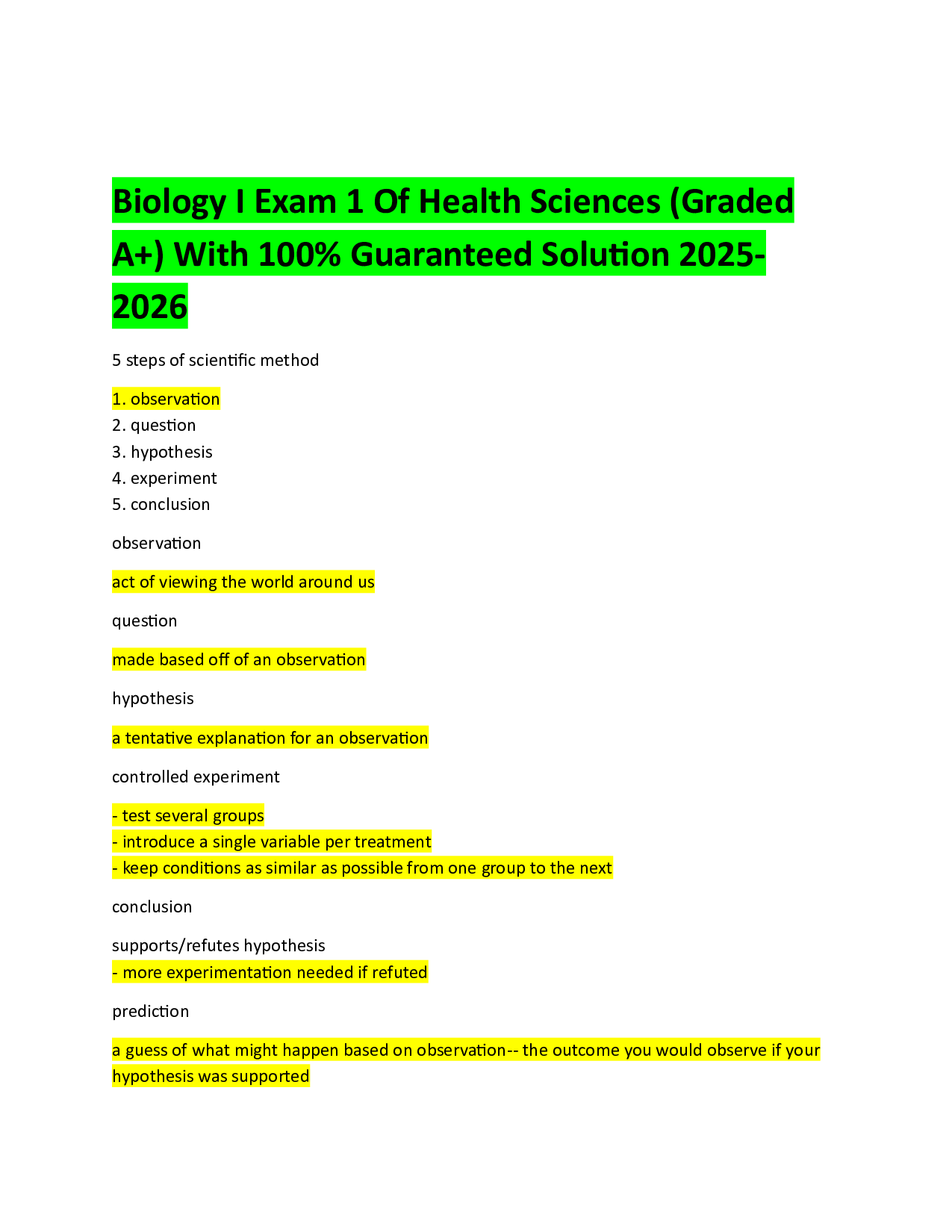 Biology I Exam 1 Of Health Sciences (Graded A+) With 100% Guaranteed Solution 2026 2026