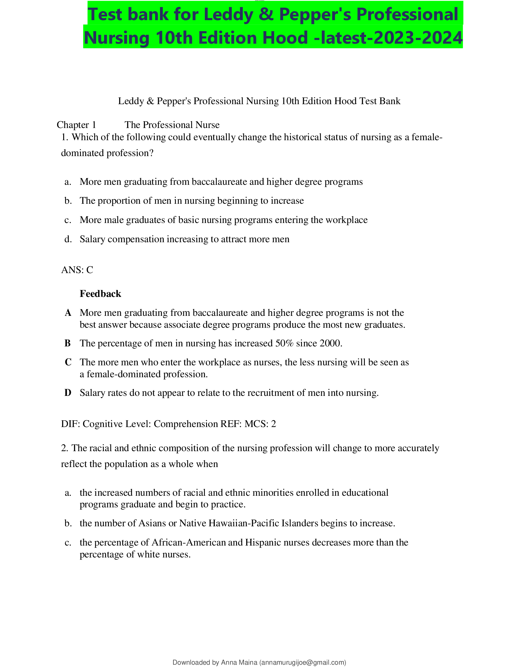Test bank for Leddy & Peppers Professional Nursing 10th Edition Hood
