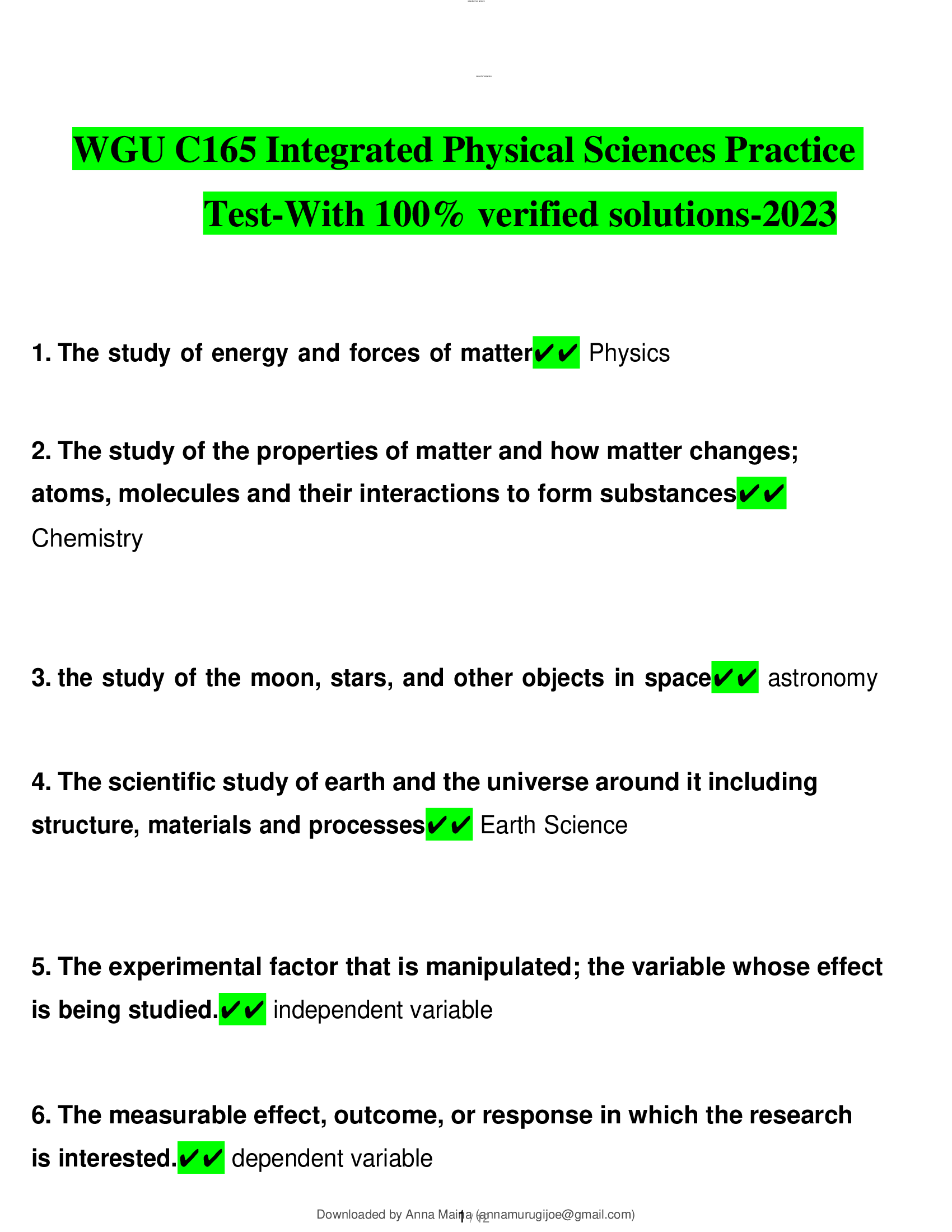 WGU C165 Integrated Physical Sciences Practice Test