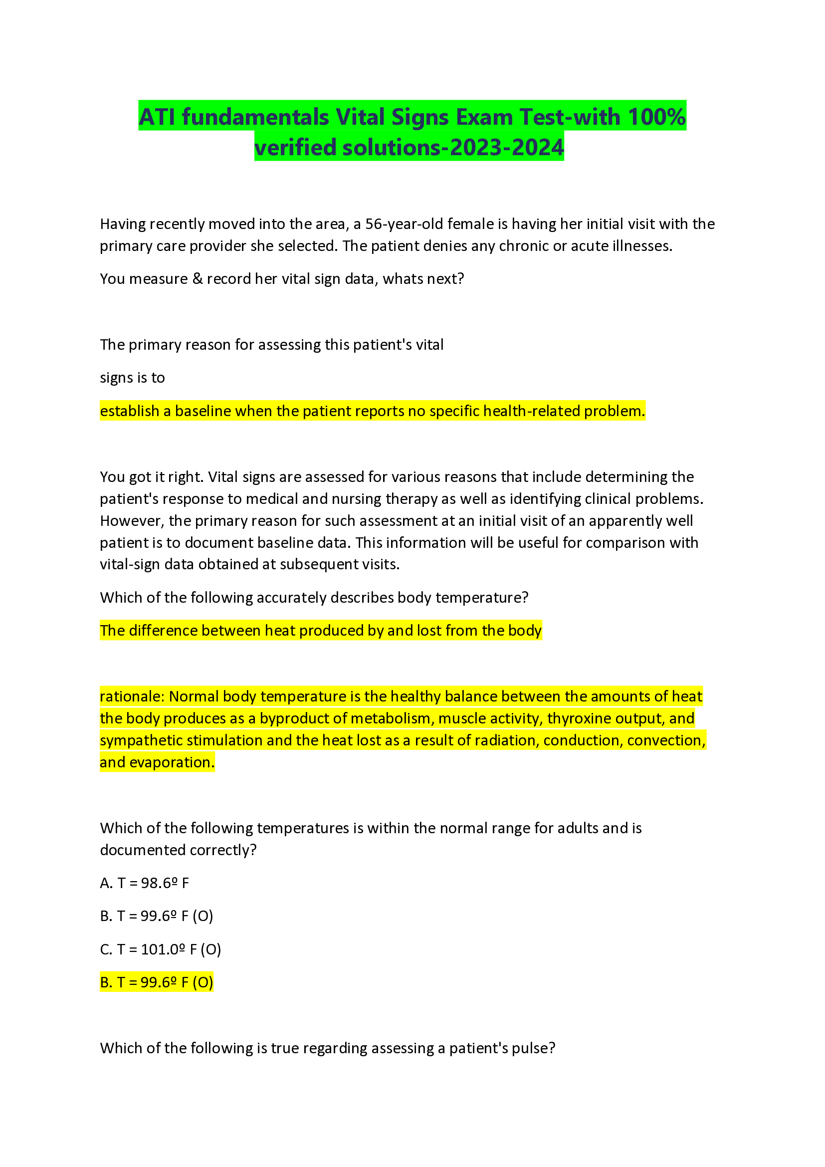ATI fundamentals Vital Signs Exam Test