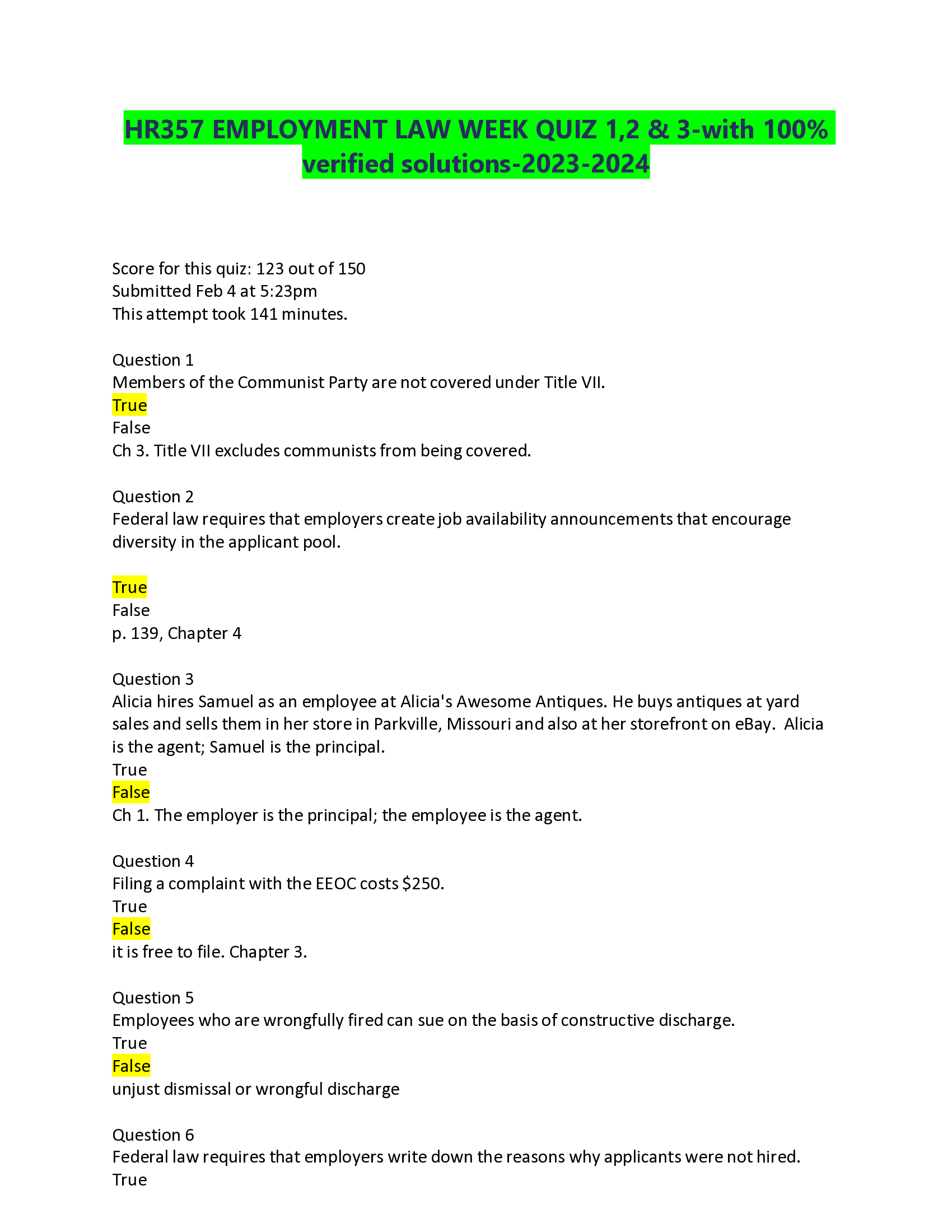 HR357 EMPLOYMENT LAW WEEK QUIZ 1,2 & 3