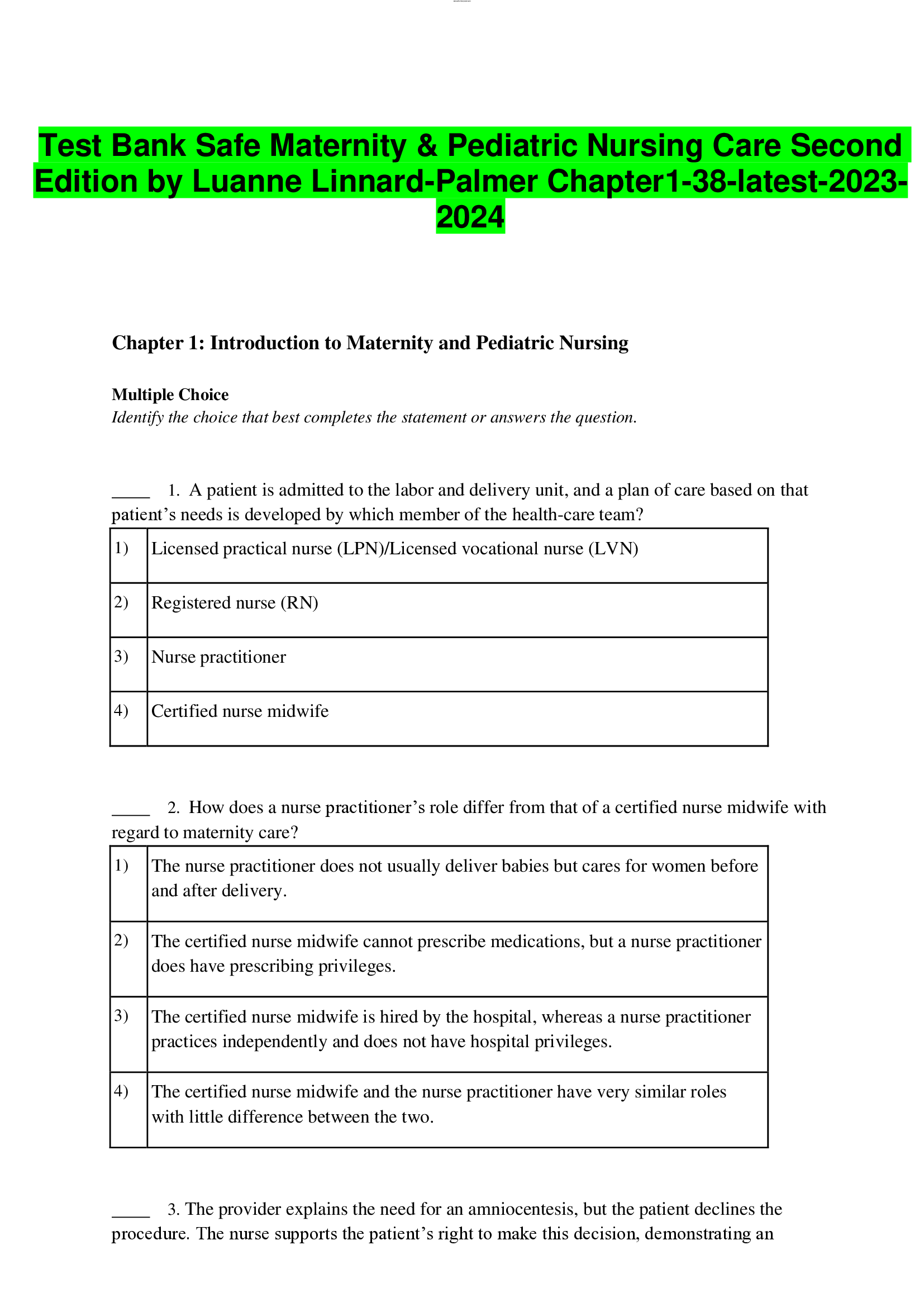Test Bank Safe Maternity & Pediatric Nursing Care Second Edition by Luanne Linnard-Palmer Chapter 1-38