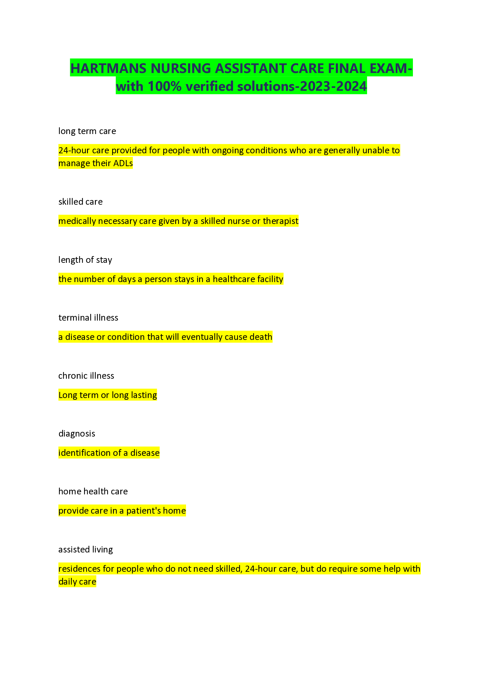 HARTMANS NURSING ASSISTANT CARE FINAL EXAM