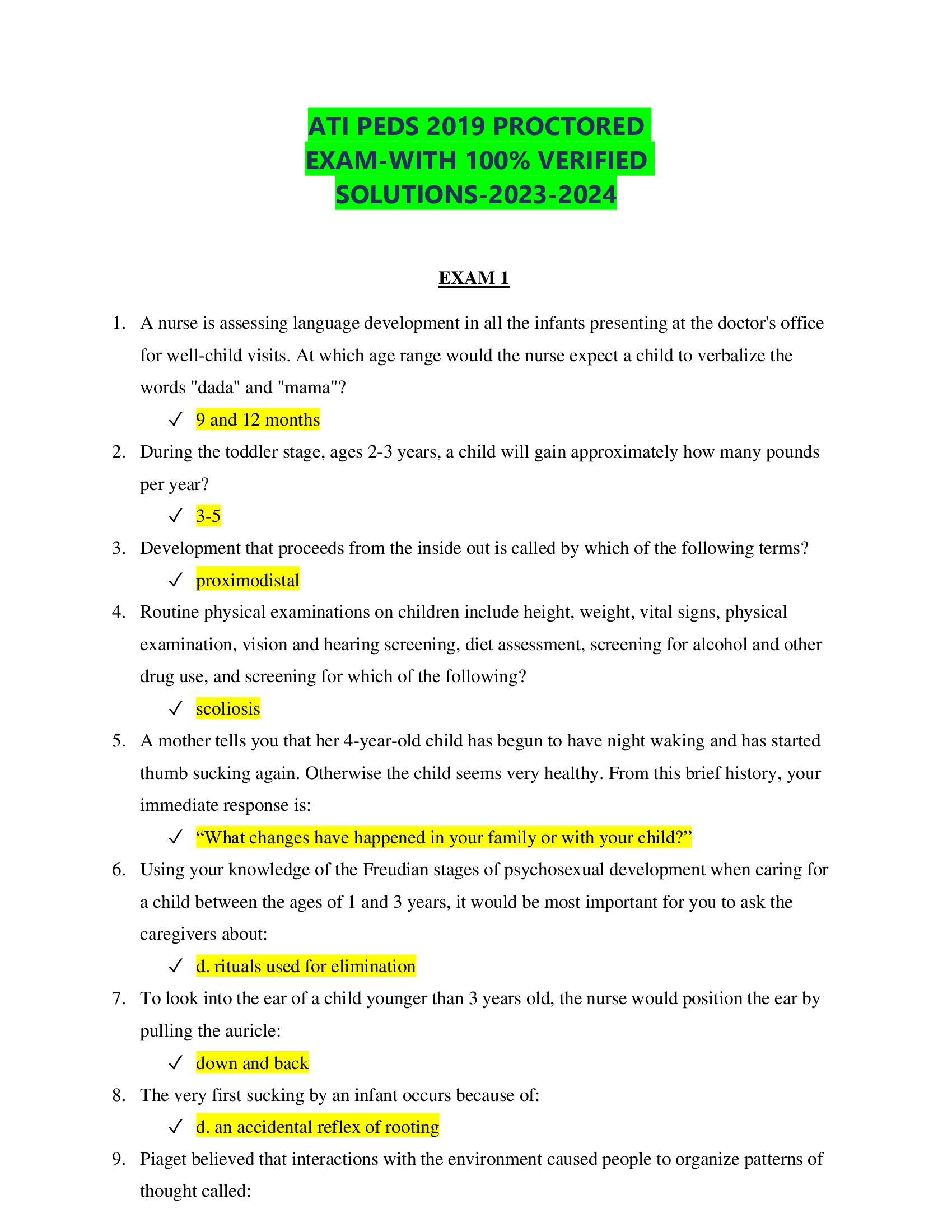 ATI PEDS 2019 PROCTORED EXAM