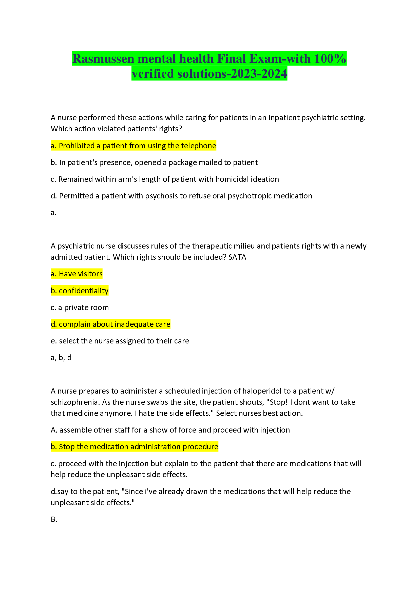 Rasmussen mental health Final Exam