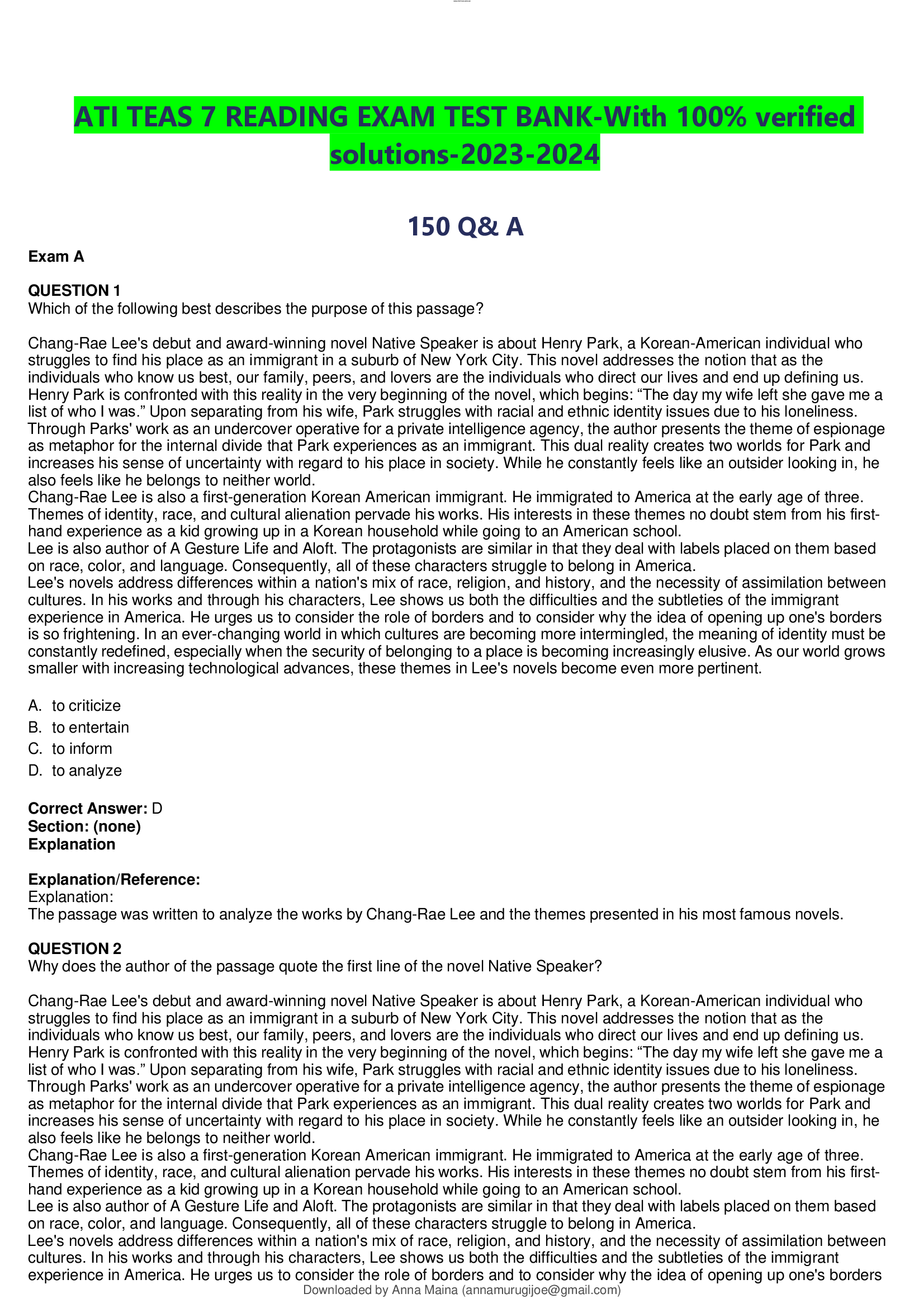 ATI TEAS 7 READING EXAM TEST BANK