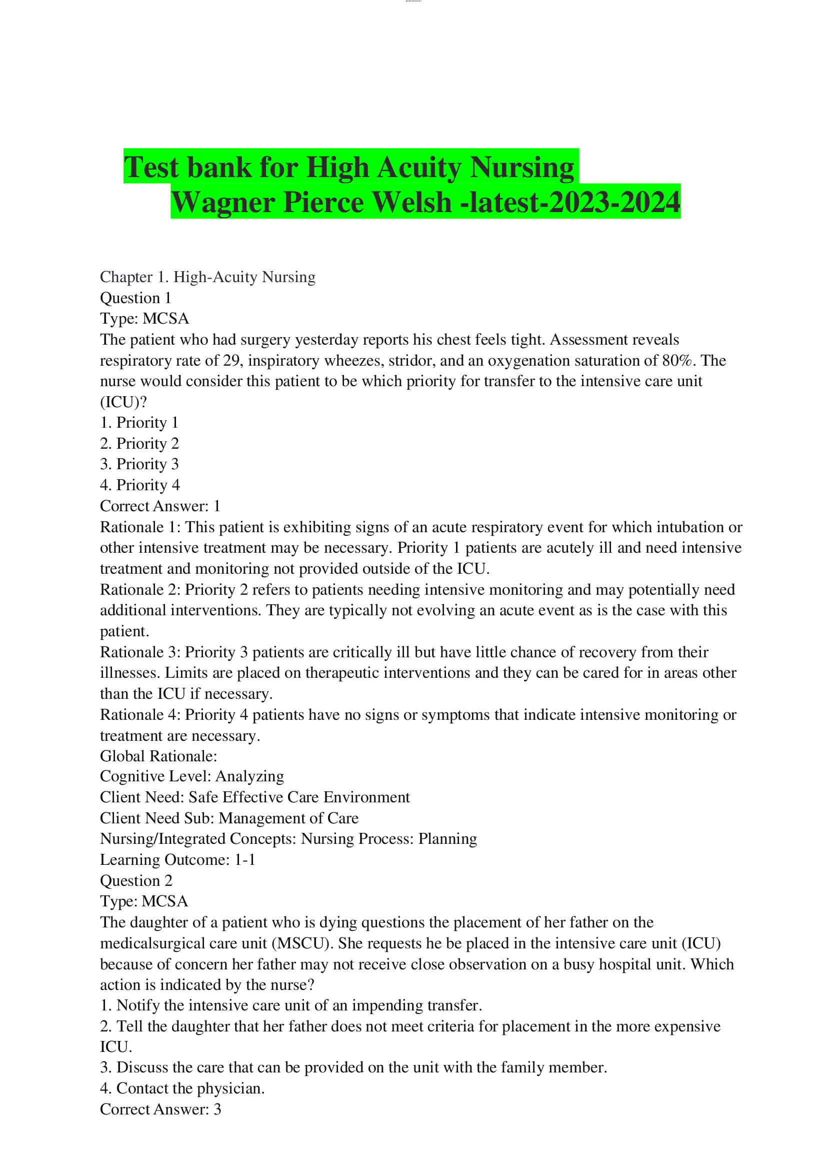 Test bank for High Acuity Nursing 8th Edition Wagner Pierce Welsh