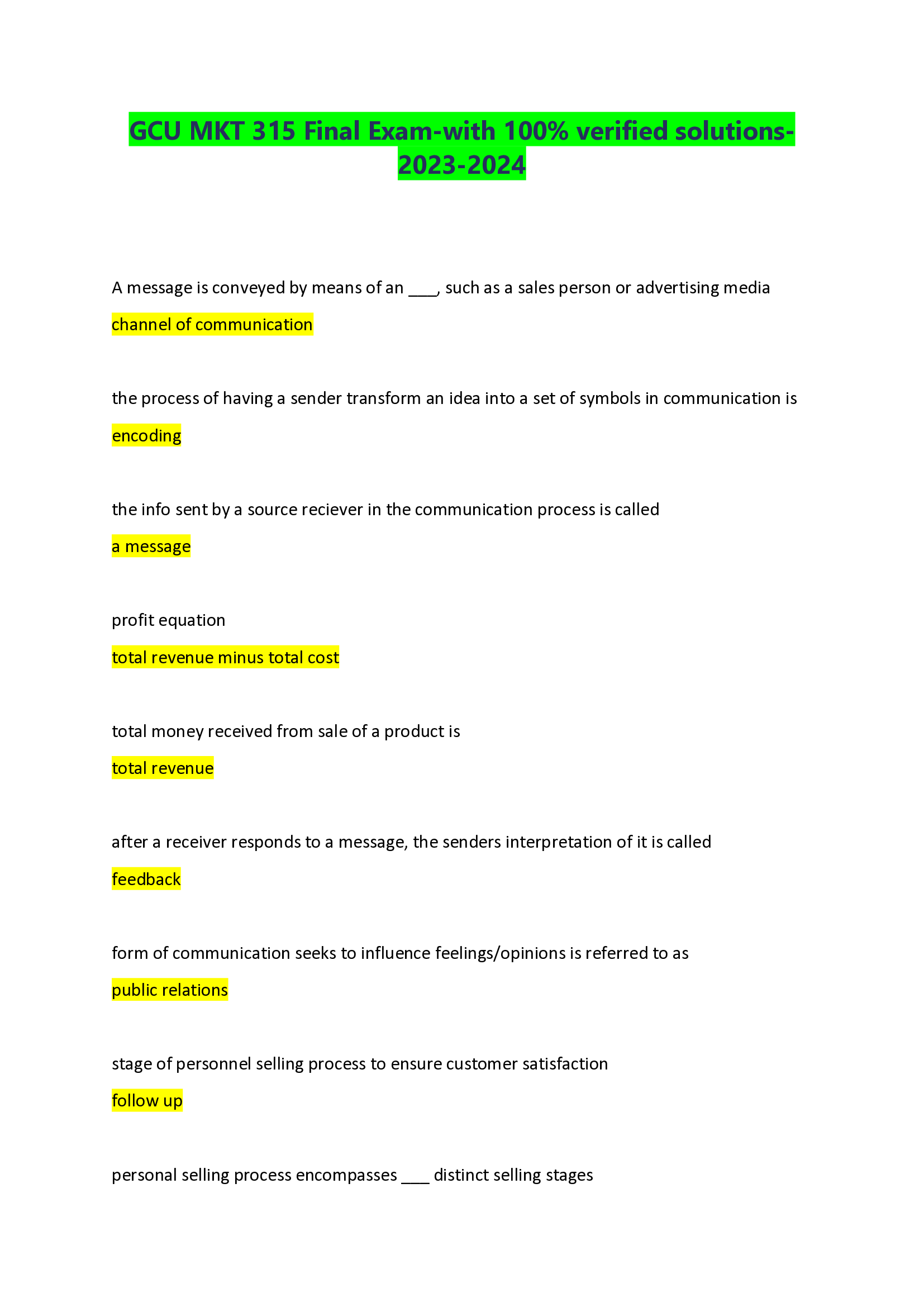 GCU MKT 315 Final Exam