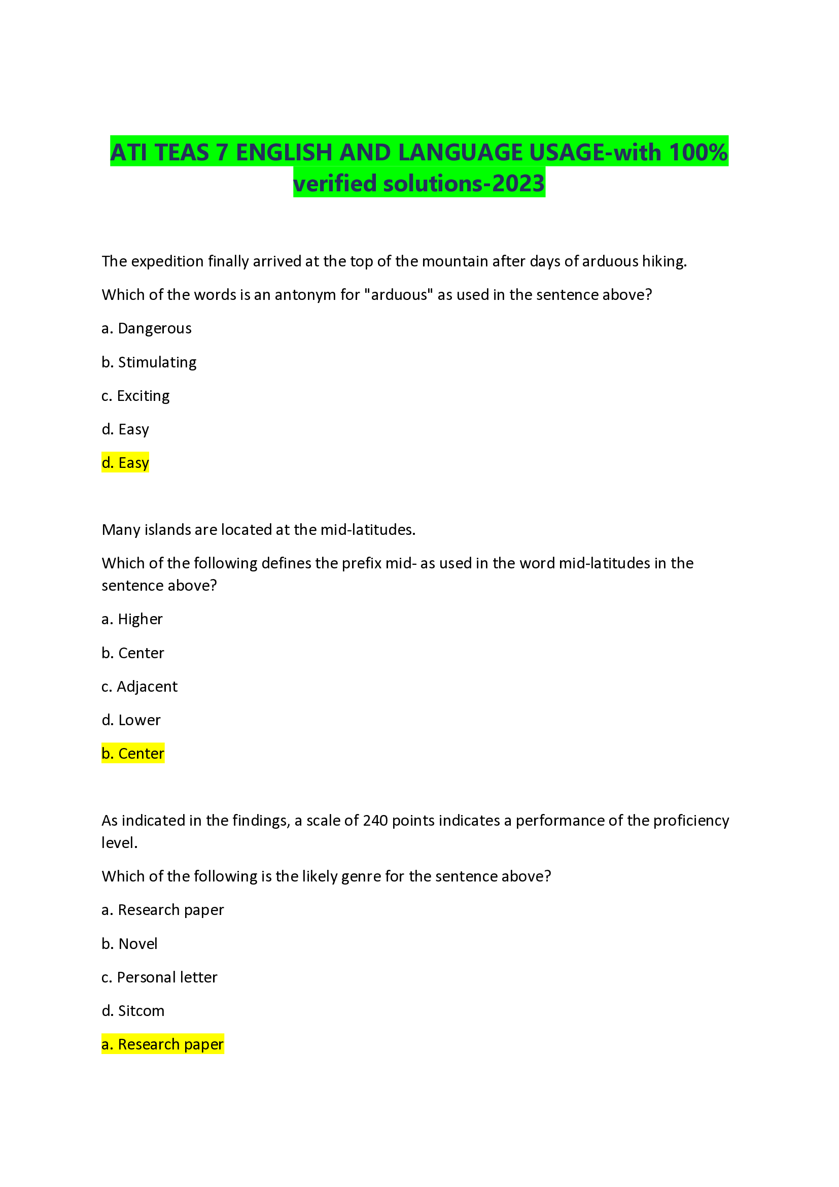ATI TEAS 7 ENGLISH AND LANGUAGE USAGE