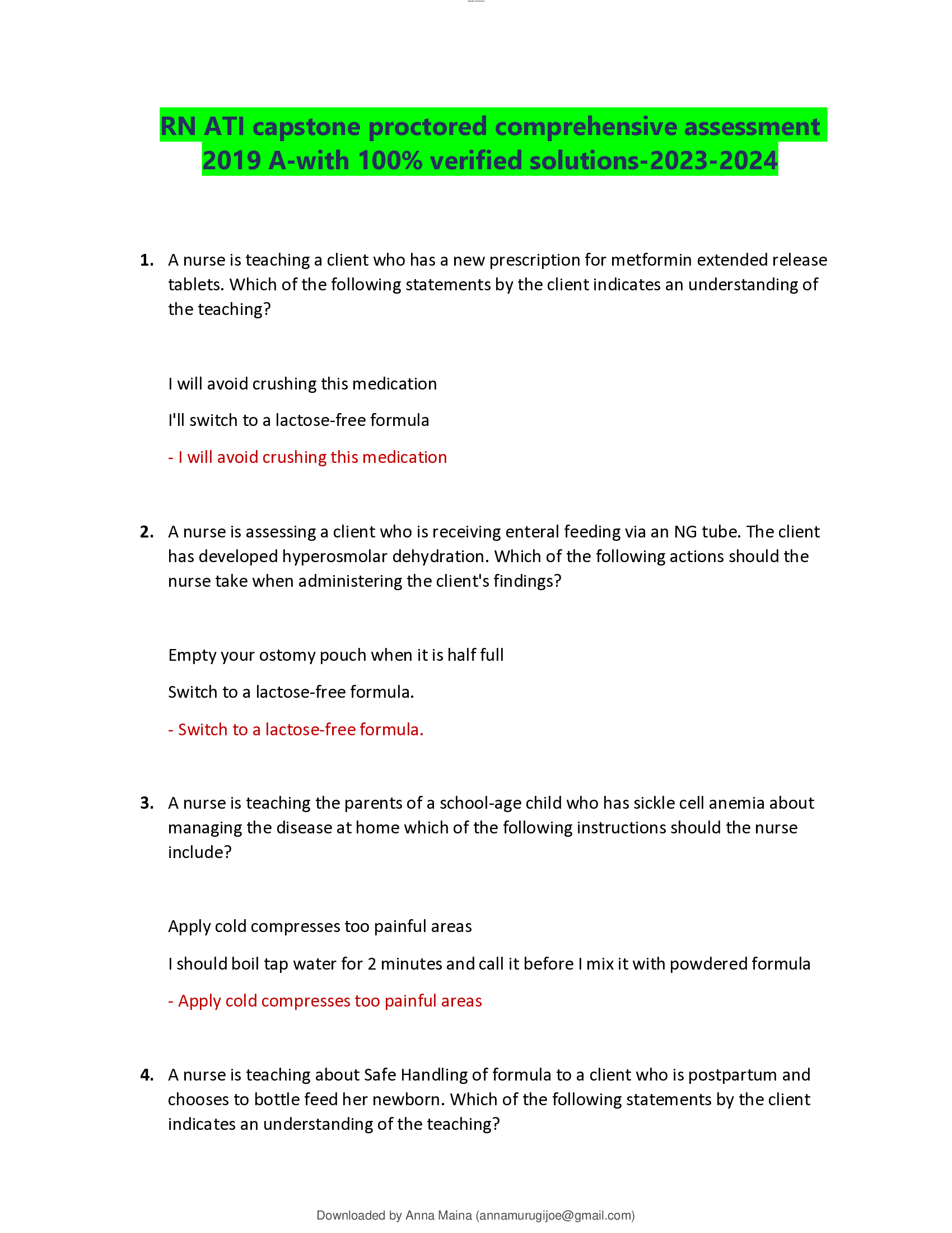 RN ATI capstone proctored comprehensive assessment 2019 A