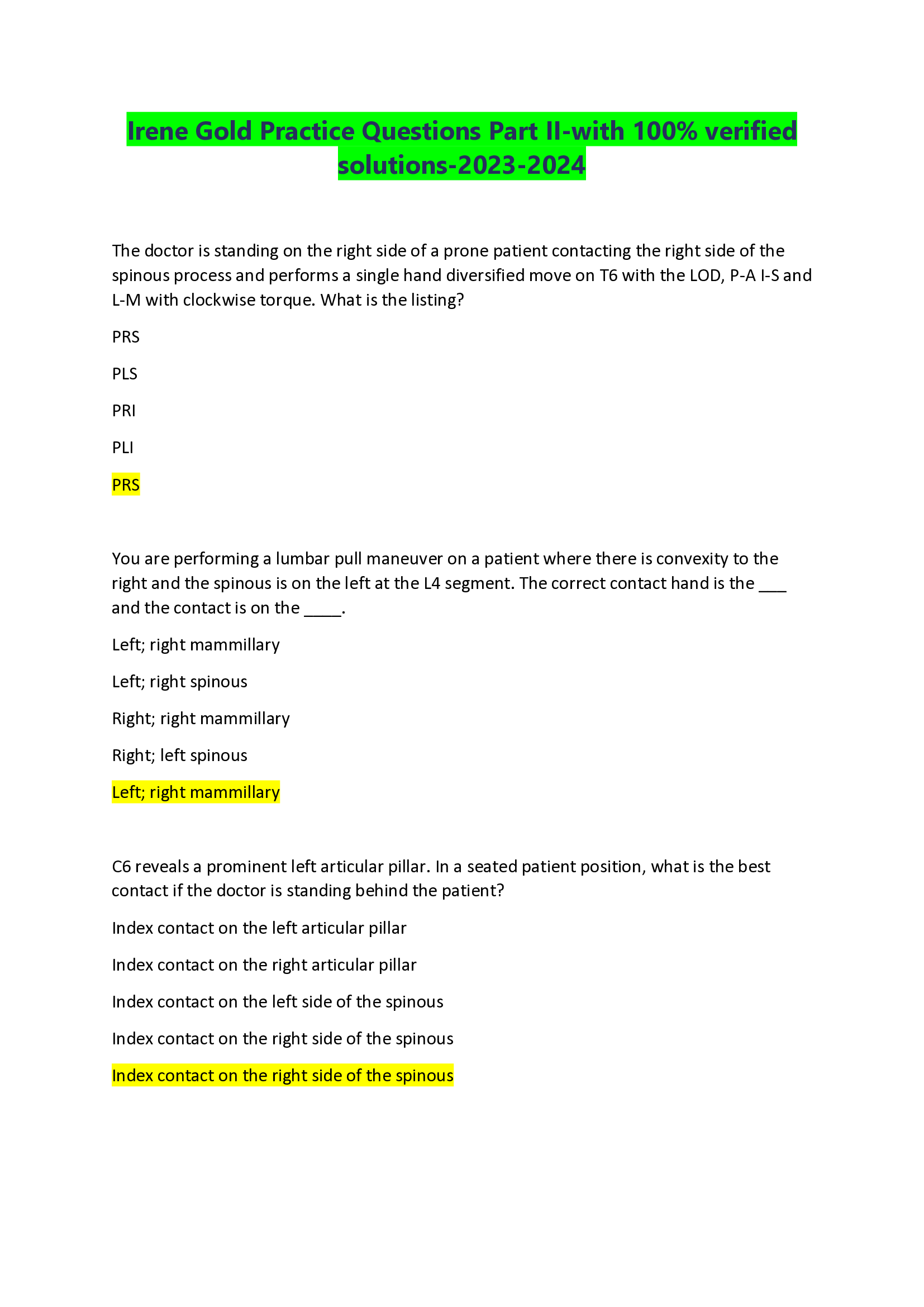 Irene Gold Practice Questions Part II