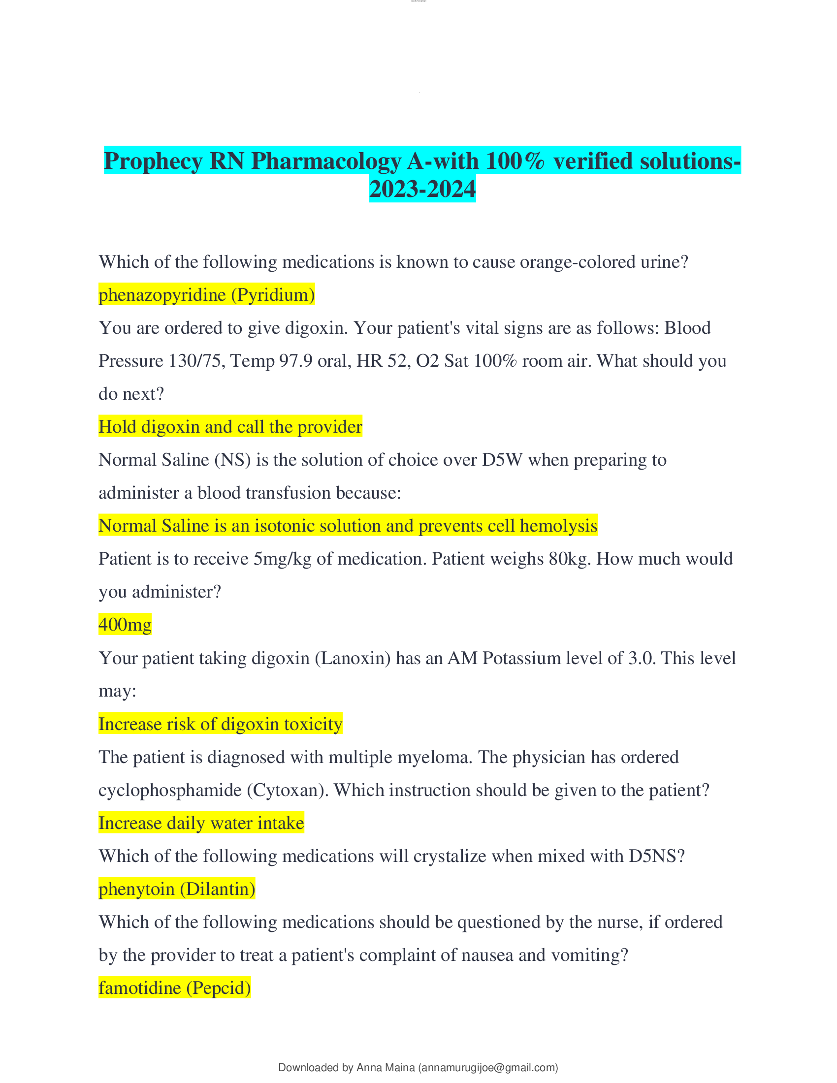 Prophecy RN Pharmacology A