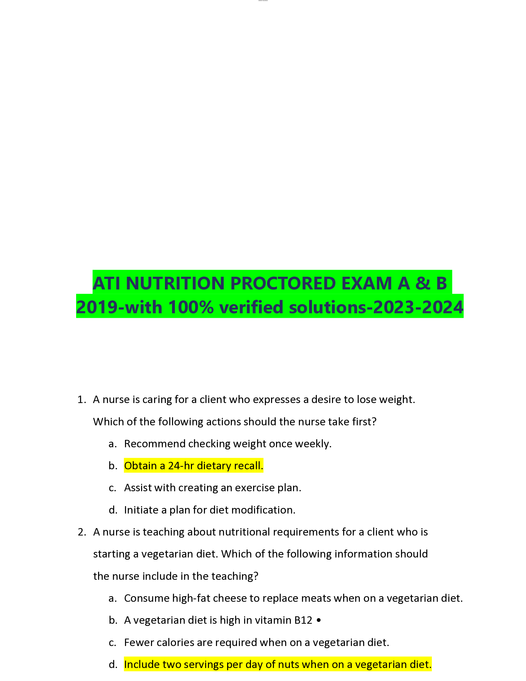 ATI NUTRITION PROCTORED EXAM A & B 2019