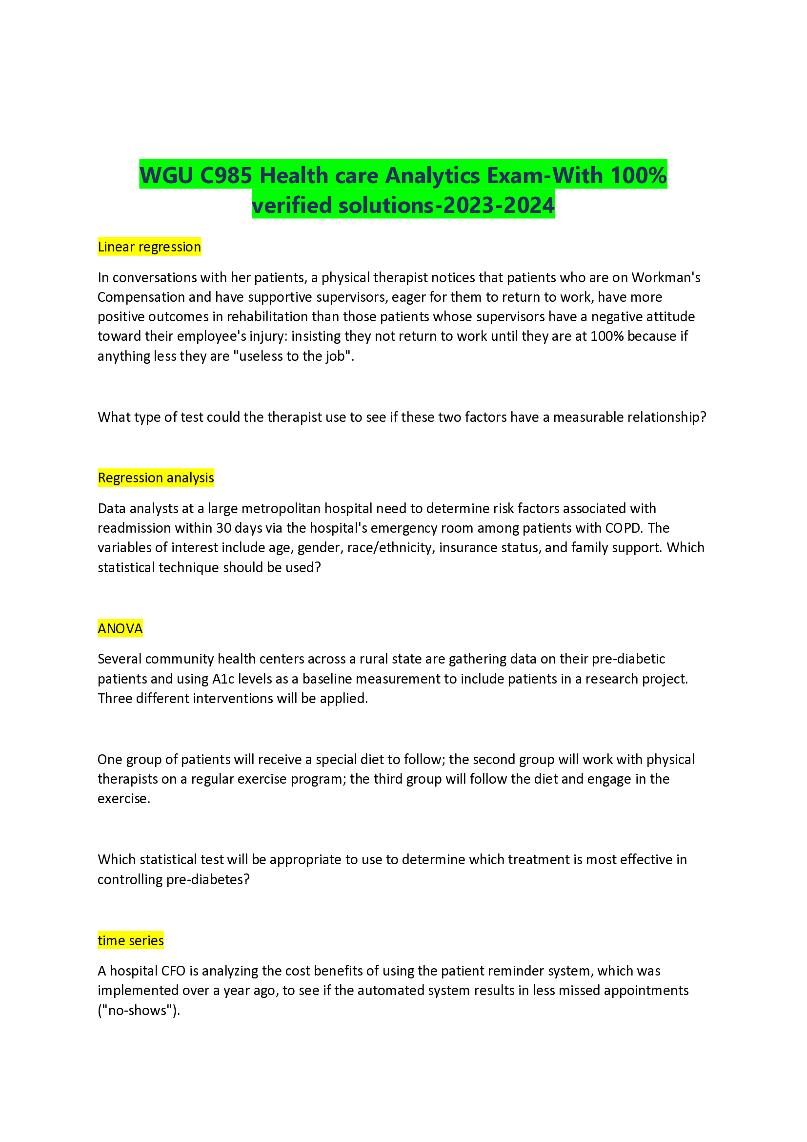 WGU C985 Health care Analytics Exam