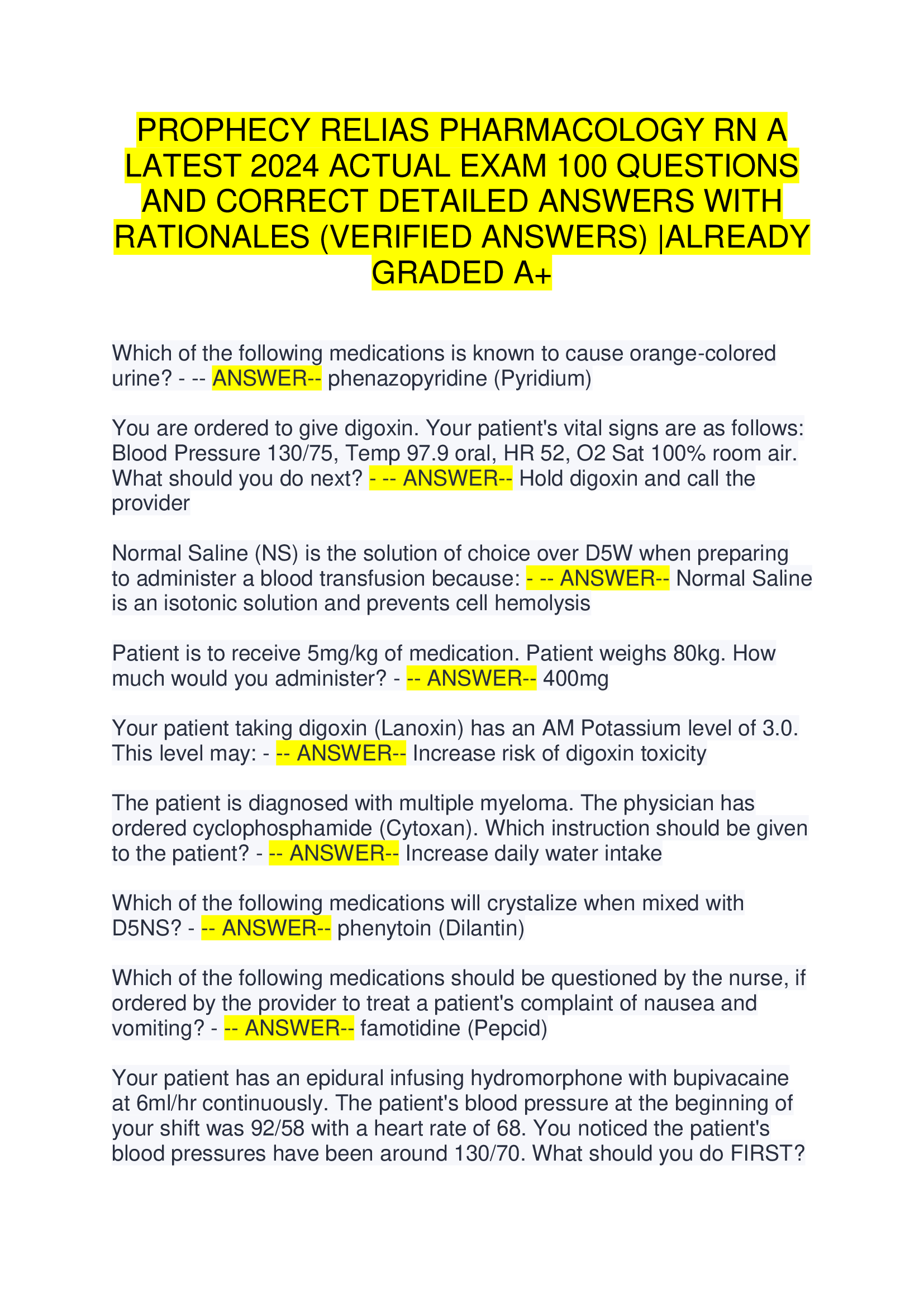 Prophecy RN Pharmacology A