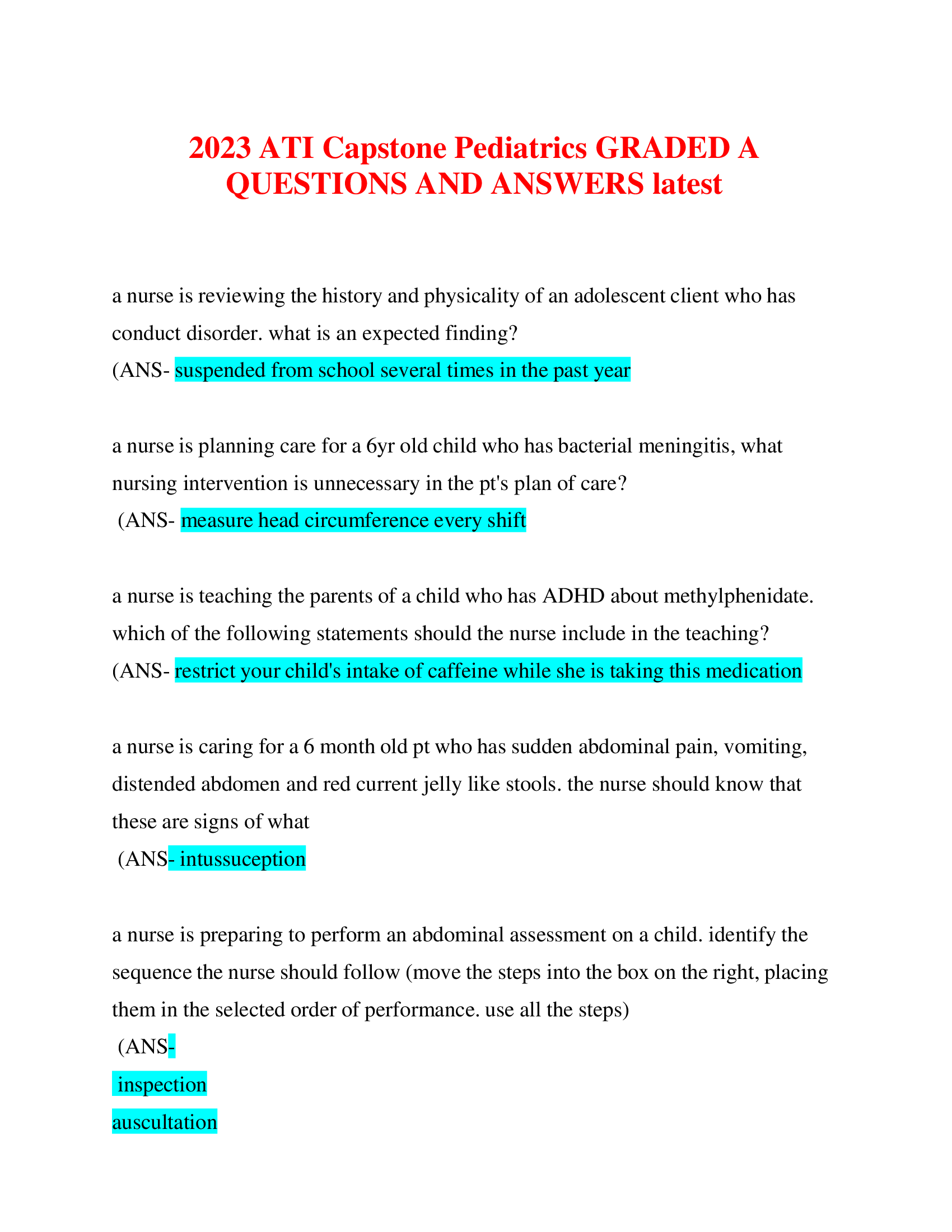 ATI Capstone Pediatrics GRADED A QUESTIONS AND ANSWERS