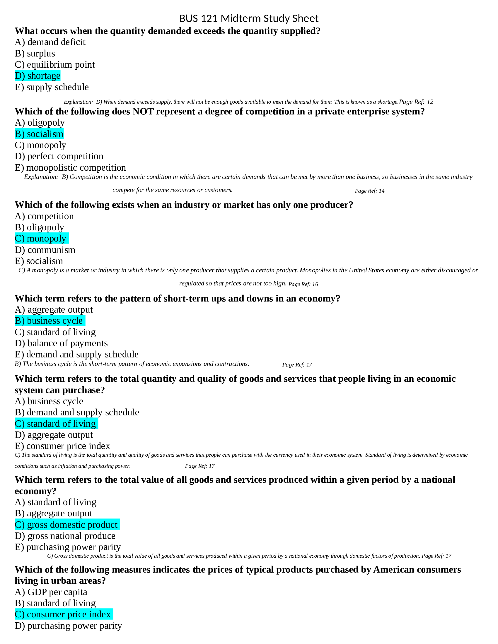 BUS 121 Midterm Study Sheet