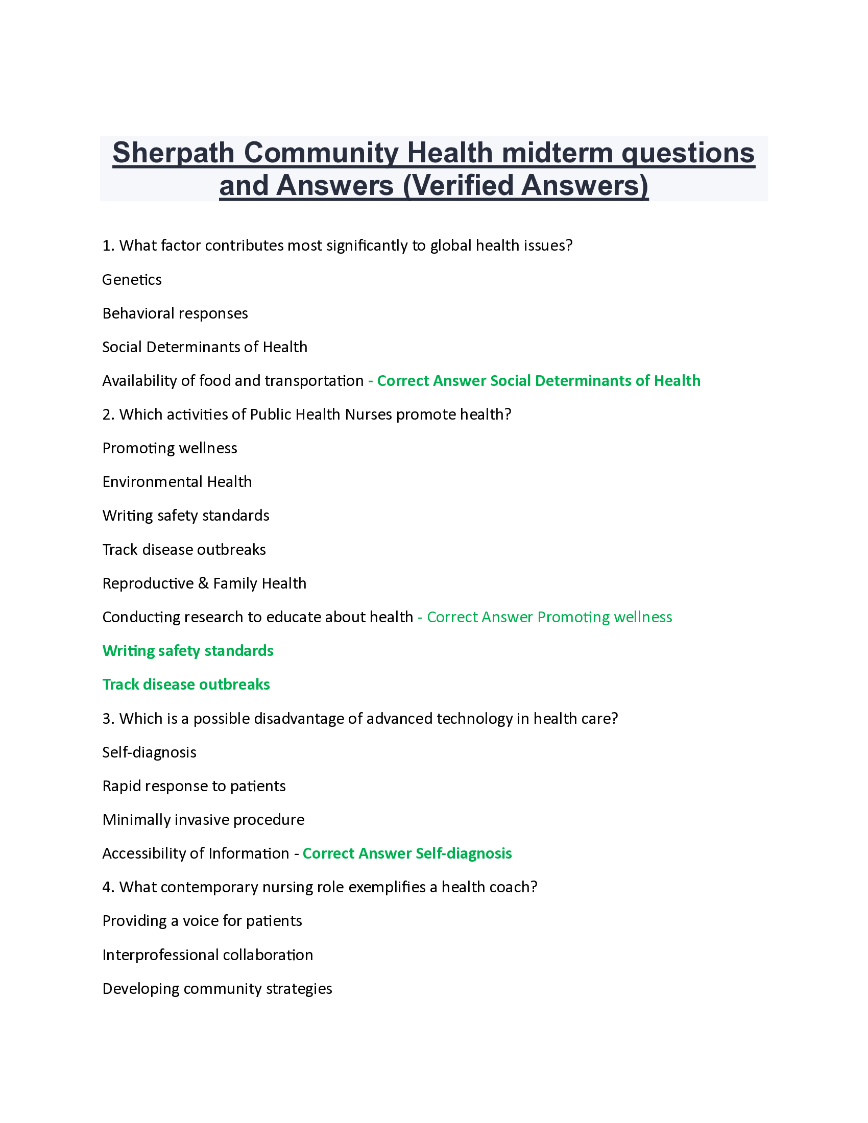 Sherpath Community Health midterm questions and Answers (Verified Answers)