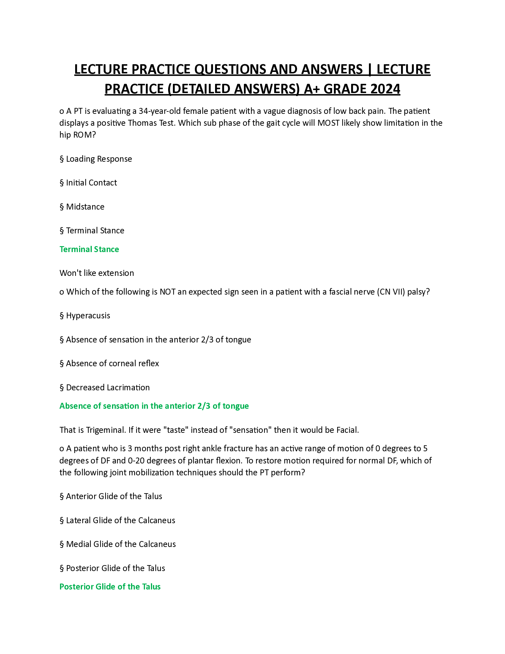 LECTURE PRACTICE QUESTIONS AND ANSWERS | LECTURE PRACTICE (DETAILED ANSWERS) A+ GRADE 2024