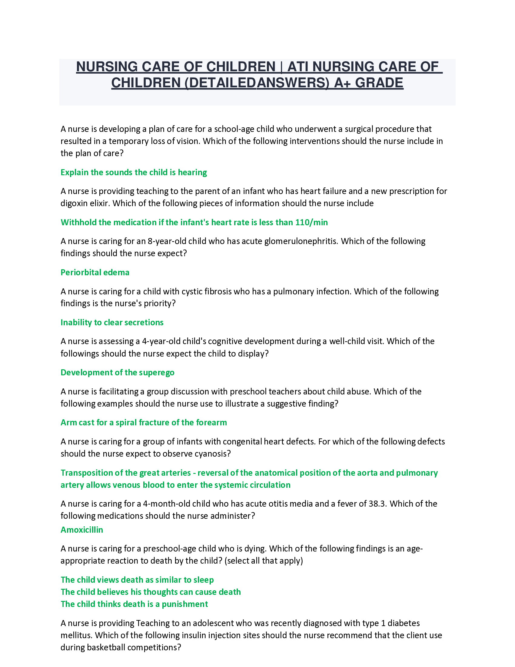 NURSING CARE OF CHILDREN | ATI NURSING CARE OF CHILDREN (DETAILED ANSWERS) A+ GRADE
