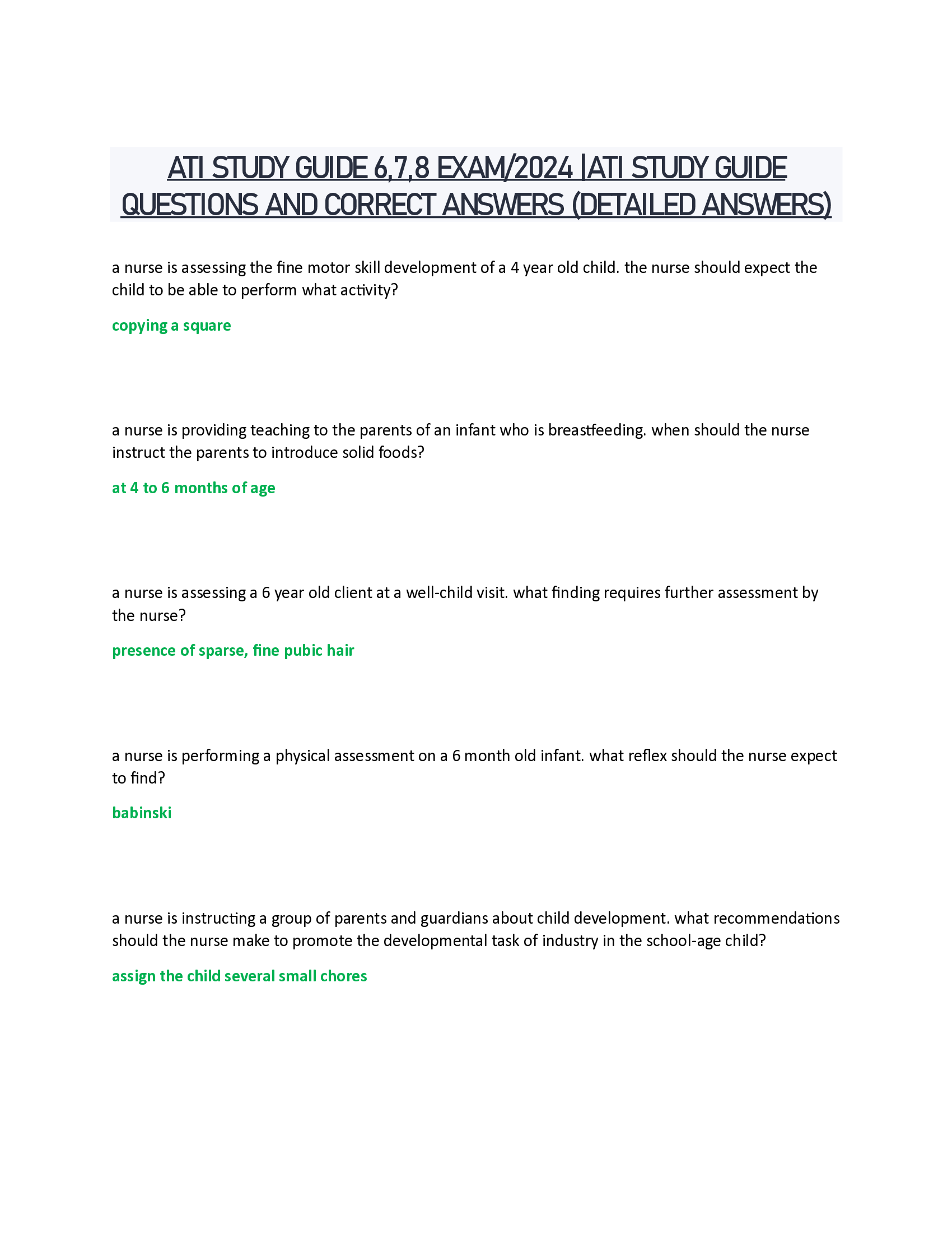 ATI STUDY GUIDE 6,7,8 EXAM | 2024 | ATI STUDY GUIDE QUESTIONS AND CORRECT ANSWERS (DETAILED ANSWERS)