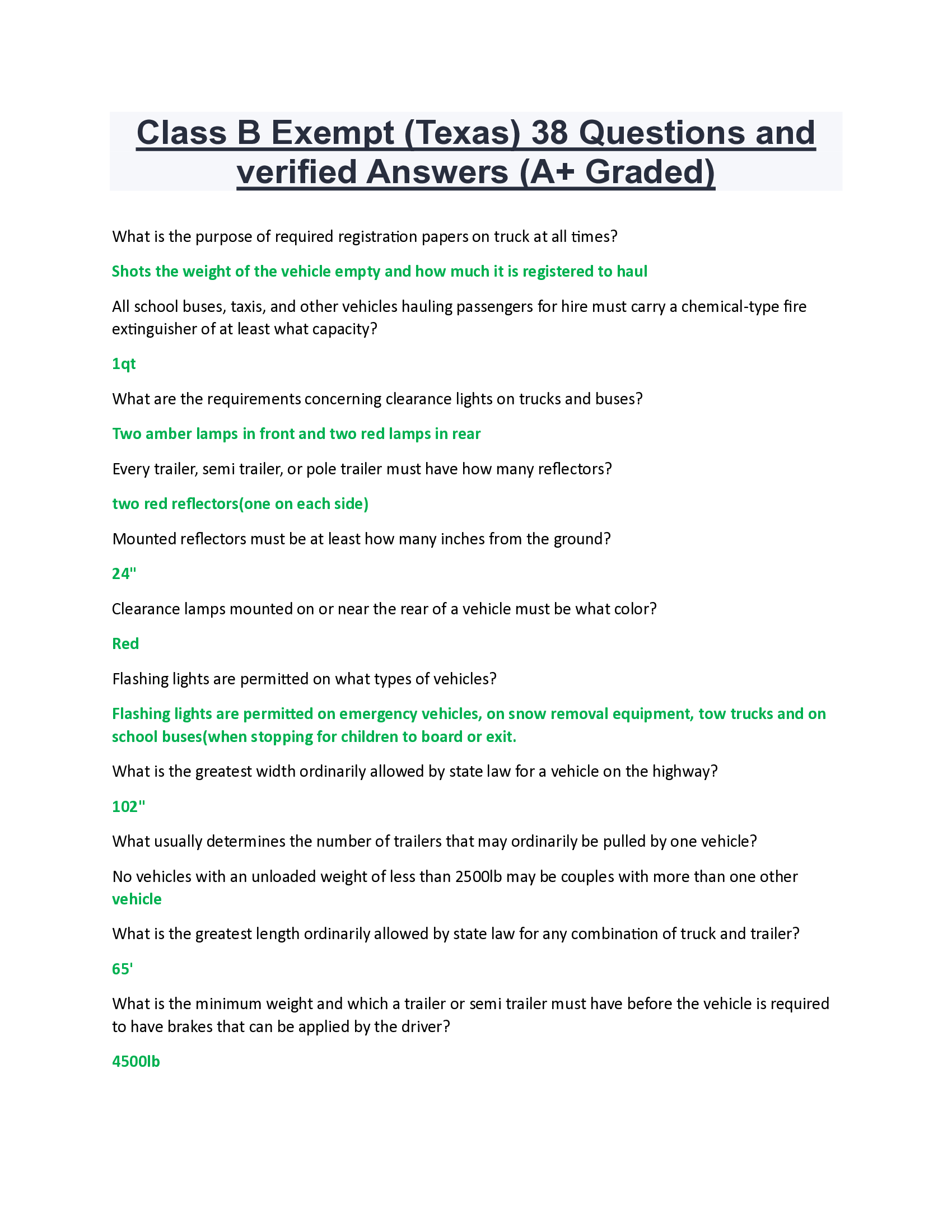 Class B Exempt (Texas) 38 Questions and verified Answers (A+ Graded)