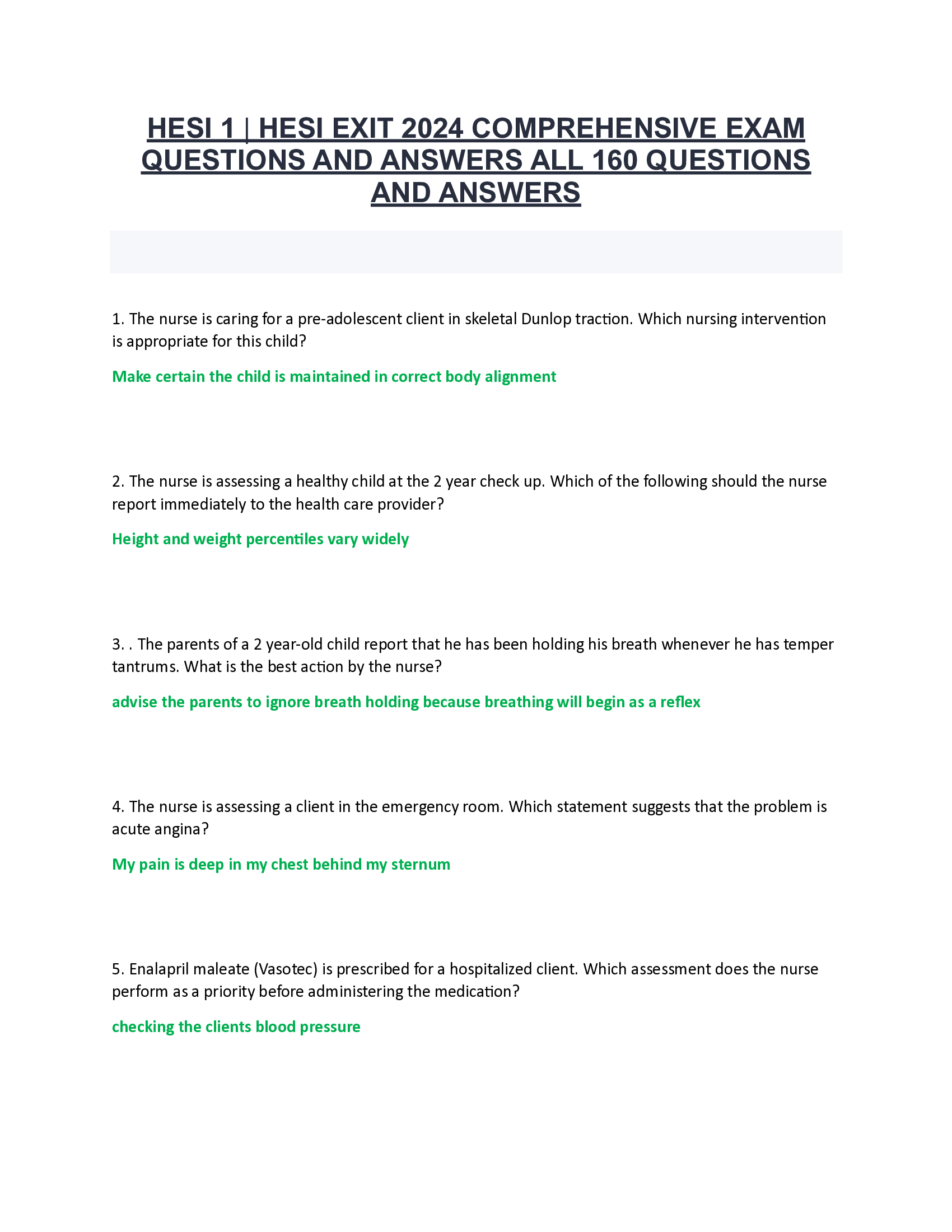 HESI 1 | HESI EXIT 2024 COMPREHENSIVE EXAM QUESTIONS AND ANSWERS ALL 160 QUESTIONS AND ANSWERS